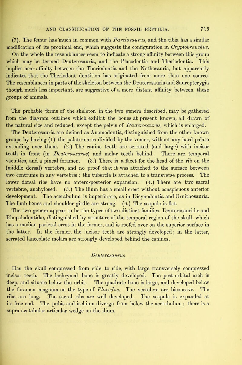 (7). The femur has much in common with Pareiasaurus. and the tibia has a similar modification of its proximal end, which suggests the configuration in Cryptobranchus. On the whole the resemblances seem to indicate a strong affinity between this group which may be termed JDeuterosauria, and the Placodontia and Theriodontia. This implies near affinity between the Theriodontia and the Nothosauria, but apparently indicates that the Theriodont dentition has originated from more than one source. The resemblances in parts of the skeleton between the Deuterosauria and Sauropterygia though much less important, are suggestive of a more distant affinity between those groups of animals. The probable forms of the skeleton in the two genera described, may be gathered from the diagram outlines which exhibit the bones at present known, all drawn of the natural size and reduced, except the pelvis of Deuterosaurus, which is enlarged. The Deuterosauria are defined as Anomodontia, distinguished from the other known groups by having (l) the palato-nares divided by the vomer, without any hard palate extending over them. (2.) The canine teeth are serrated (and large) with incisor teeth in front (in Deuterosaurus) and molar teeth behind. There are temporal vacuities, and a pineal foramen. (3.) There is a facet for the head of the rib on the (middle dorsal) vertebra, and no proof that it was attached to the surface between two centrums in any vertebrae ; the tubercle is attached to a transverse process. The lower dorsal ribs have no antero-posterior expansion. (4.) There are two sacral vertebrae, anchylosed. (5.) The ilium has a small crest without conspicuous anterior development. The acetabulum is imperforate, as in Dicynodontia and Ornithosauria. The limb bones and shoulder girdle are strong. (6.) The scapula is flat. The two genera appear to be the types of two distinct families, Deuterosauridae and Rhopalodontidae, distinguished by structure of the temporal region of the skull, which has a median parietal crest in the former, and is roofed over on the superior surface in the latter. In the former, the incisor teeth are strongly developed; in the latter, serrated lanceolate molars are strongly developed behind the canines. Deuterosaurus Has the skull compressed from side to side, with large transversely compressed incisor teeth. The lachrymal bone is greatly developed. The post-orbital arch is deep, and situate below the orbit. The quadrate bone is large, and developed below the foramen magnum on the type of Placodus. The vertebrae are biconcave. The ribs are long. The sacral ribs are well developed. The scapula is expanded at its free end. The pubis and ischium diverge from below the acetabulum ; there is a supra-acetabular articular wedge on the ilium.