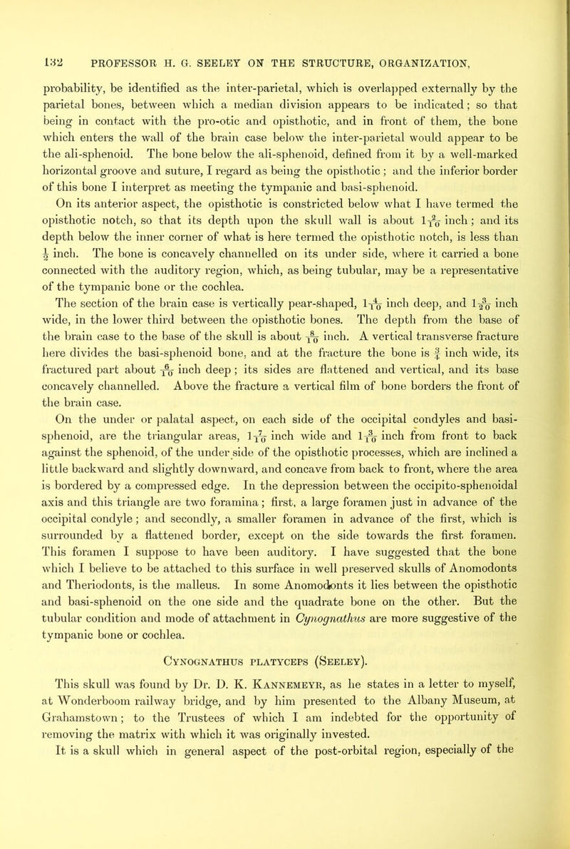 probability, be identified as the inter-parietal, which is overlapped externally by the parietal bones, between which a median division appears to be indicated ; so that being in contact with the pro-otic and opisthotic, and in front of them, the bone which enters the wall of the brain case below the inter-parietal would appear to be the ali-sphenoid. The bone below the ali-sphenoid, defined from it by a well-marked horizontal groove and suture, I regard as being the opisthotic ; and the inferior border of this bone I interpret as meeting the tympanic and basi-sphenoid. On its anterior aspect, the opisthotic is constricted below what I have termed the opisthotic notch, so that its depth upon the skull wall is about l-^ inch ; and its depth below the inner corner of what is here termed the opisthotic notch, is less than \ inch. The bone is concavely channelled on its under side, where it carried a bone connected with the auditory region, which, as being tubular, may be a representative of the tympanic bone or the cochlea. The section of the brain case is vertically pear-shaped, 1-f^ inch deep, and 1-2% inch wide, in the lower third between the opisthotic bones. The depth from the base of the brain case to the base of the skull is about inch. A vertical transverse fracture here divides the basi-sphenoid bone, and at the fracture the bone is § inch wide, its fractured part about inch deep ; its sides are flattened and vertical, and its base concavely channelled. Above the fracture a vertical film of bone borders the front of the brain case. On the under or palatal aspect, on each side of the occipital condyles and basi- sphenoid, are the triangular areas, lyyy inch wide and 1-^-inch from front to back against the sphenoid, of the under side of the opisthotic processes, which are inclined a little backward and slightly downward, and concave from back to front, where the area is bordered by a compressed edge. In the depression between the occipito-sphenoidal axis and this triangle are two foramina; first, a large foramen just in advance of the occipital condyle; and secondly, a smaller foramen in advance of the first, which is surrounded by a flattened border, except on the side towards the first foramen. This foramen I suppose to have been auditory. I have suggested that the bone which I believe to be attached to this surface in well preserved skulls of Anomodonts and Theriodonts, is the malleus. In some Anomodonts it lies between the opisthotic and basi-sphenoid on the one side and the quadrate bone on the other. But the tubular condition and mode of attachment in Cynognathus are more suggestive of the tympanic bone or cochlea. Cynognathus platyceps (Seeley). This skull was found by Dr. D. K. Kannemeyr, as he states in a letter to myself, at Wonderboom railway bridge, and by him presented to the Albany Museum, at Grahamstovvn; to the Trustees of which I am indebted for the opportunity of removing the matrix with which it was originally invested. It is a skull which in general aspect of the post-orbital region, especially of the