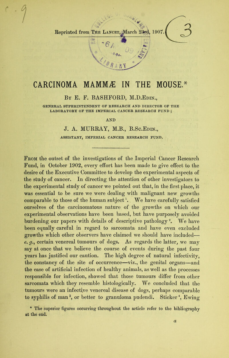 c CARCINOMA MAMMAE IN THE MOUSE* By E. F. BASHFORD, M.D.Edin., GENERAL SUPERINTENDENT OF RESEARCH AND DIRECTOR OF THE LABORATORY OF THE IMPERIAL CANCER RESEARCH FUND ; AND J. A. MURRAY, M.B., B.Sc.Edin., ASSISTANT, IMPERIAL CANCER RESEARCH FUND. From the outset o£ the investigations of the Imperial Cancer Research Fund, in October 1902, every effort has been made to give effect to the desire of the Executive Committee to develop the experimental aspects of the study of cancer. In directing the attention of other investigators to the experimental study of cancer we pointed out that, in the first place, it was essential to be sure we were dealing with malignant new growths comparable to those of the human subject1. We have carefully satisfied ourselves of the carcinomatous nature of the growths on which our experimental observations have been based, but have purposely avoided burdening our papers with details of descriptive pathology2. We have been equally careful in regard to sarcomata and have even excluded growths which other observers have claimed we should have included— e. g., certain venereal tumours of dogs. As regards the latter, we may say at once that we believe the course of events during the past four years has justified our caution. The high degree of natural infectivity, the constancy of the site of occurrence—viz., the genital organs—and the ease of artificial infection of healthy animals, as well as the processes responsible for infection, showed that those tumours differ from other sarcomata which they resemble histologically. We concluded that the tumours were an infective venereal disease of dogs, perhaps comparable to syphilis of man3, or better to granuloma pudendi. Sticker4, Ewing * The superior figures occurring throughout the article refer to the bibliography at the end. a