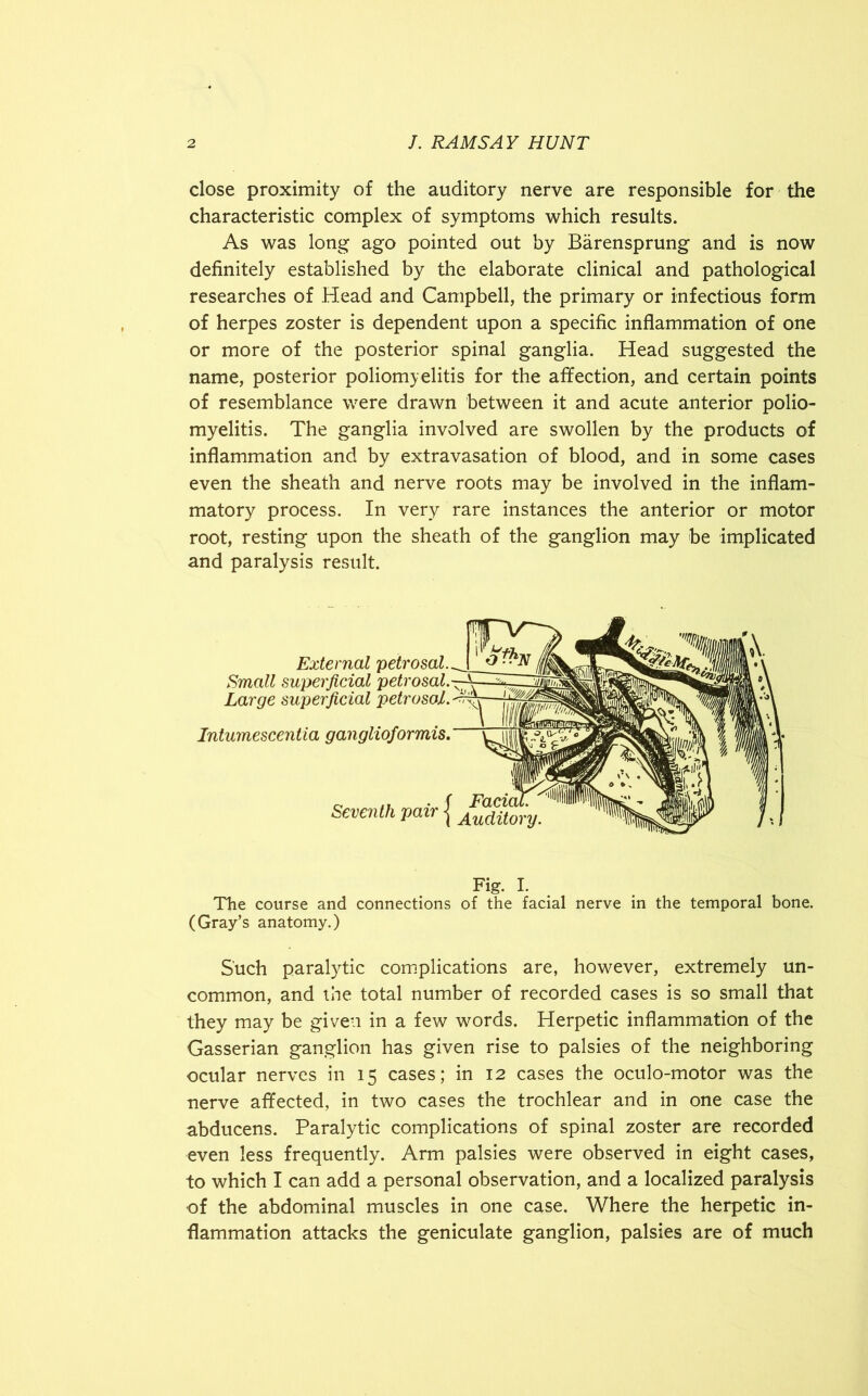 close proximity of the auditory nerve are responsible for the characteristic complex of symptoms which results. As was long ago pointed out by Barensprung and is now definitely established by the elaborate clinical and pathological researches of Head and Campbell, the primary or infectious form of herpes zoster is dependent upon a specific inflammation of one or more of the posterior spinal ganglia. Head suggested the name, posterior poliomyelitis for the affection, and certain points of resemblance were drawn between it and acute anterior polio- myelitis. The ganglia involved are swollen by the products of inflammation and by extravasation of blood, and in some cases even the sheath and nerve roots may be involved in the inflam- matory process. In very rare instances the anterior or motor root, resting upon the sheath of the ganglion may be implicated and paralysis result. The course and connections of the facial nerve in the temporal bone. (Gray’s anatomy.) Such paralytic complications are, however, extremely un- common, and the total number of recorded cases is so small that they may be given in a few words. Herpetic inflammation of the Gasserian ganglion has given rise to palsies of the neighboring ocular nerves in 15 cases; in 12 cases the oculo-motor was the nerve affected, in two cases the trochlear and in one case the abducens. Paralytic complications of spinal zoster are recorded even less frequently. Arm palsies were observed in eight cases, to which I can add a personal observation, and a localized paralysis of the abdominal muscles in one case. Where the herpetic in- flammation attacks the geniculate ganglion, palsies are of much Int