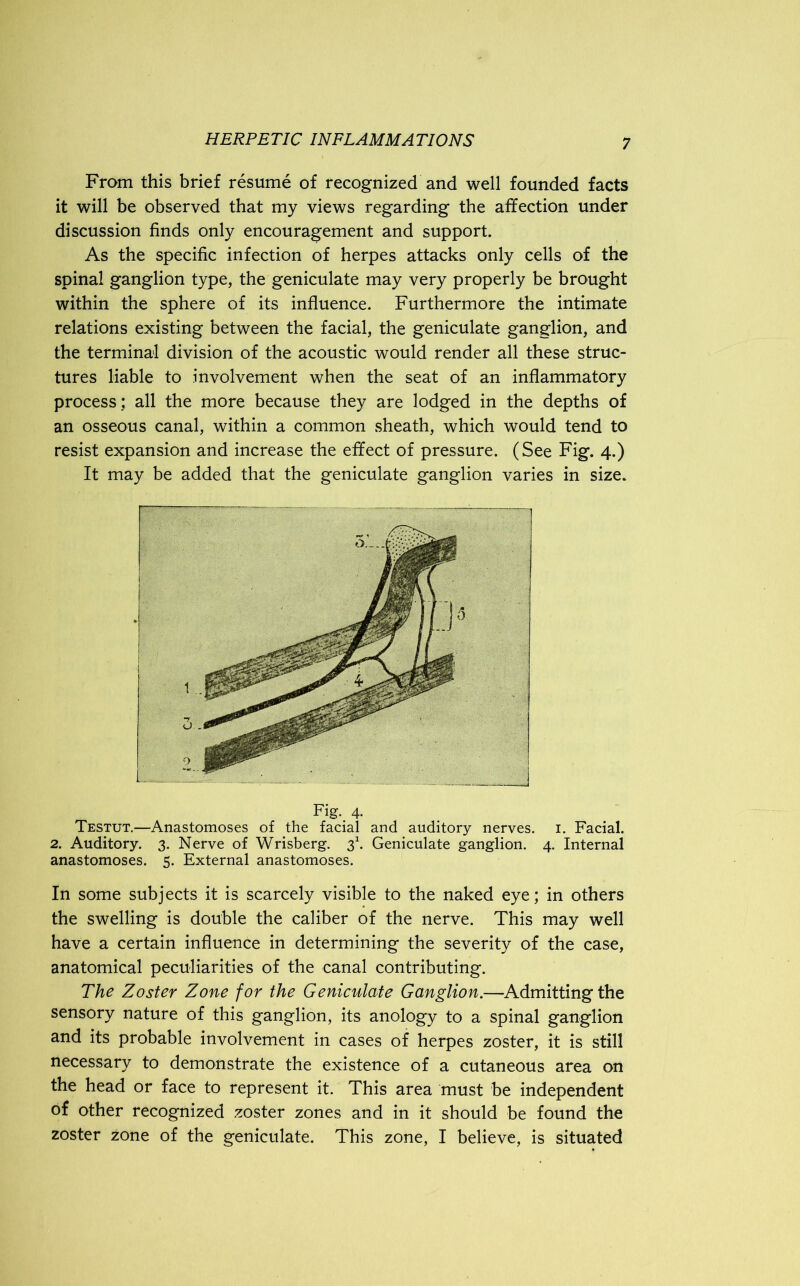 From this brief resume of recognized and well founded facts it will be observed that my views regarding the affection under discussion finds only encouragement and support. As the specific infection of herpes attacks only cells of the spinal ganglion type, the geniculate may very properly be brought within the sphere of its influence. Furthermore the intimate relations existing between the facial, the geniculate ganglion, and the terminal division of the acoustic would render all these struc- tures liable to involvement when the seat of an inflammatory process ; all the more because they are lodged in the depths of an osseous canal, within a common sheath, which would tend to resist expansion and increase the effect of pressure. (See Fig. 4.) It may be added that the geniculate ganglion varies in size. Fig-. 4- Testut.—Anastomoses of the facial and auditory nerves. 1. Facial. 2. Auditory. 3. Nerve of Wrisberg. 31. Geniculate ganglion. 4. Internal anastomoses. 5. External anastomoses. In some subjects it is scarcely visible to the naked eye; in others the swelling is double the caliber of the nerve. This may well have a certain influence in determining the severity of the case, anatomical peculiarities of the canal contributing. The Zoster Zone for the Geniculate Ganglion.—Admitting the sensory nature of this ganglion, its anology to a spinal ganglion and its probable involvement in cases of herpes zoster, it is still necessary to demonstrate the existence of a cutaneous area on the head or face to represent it. This area must be independent of other recognized zoster zones and in it should be found the zoster zone of the geniculate. This zone, I believe, is situated