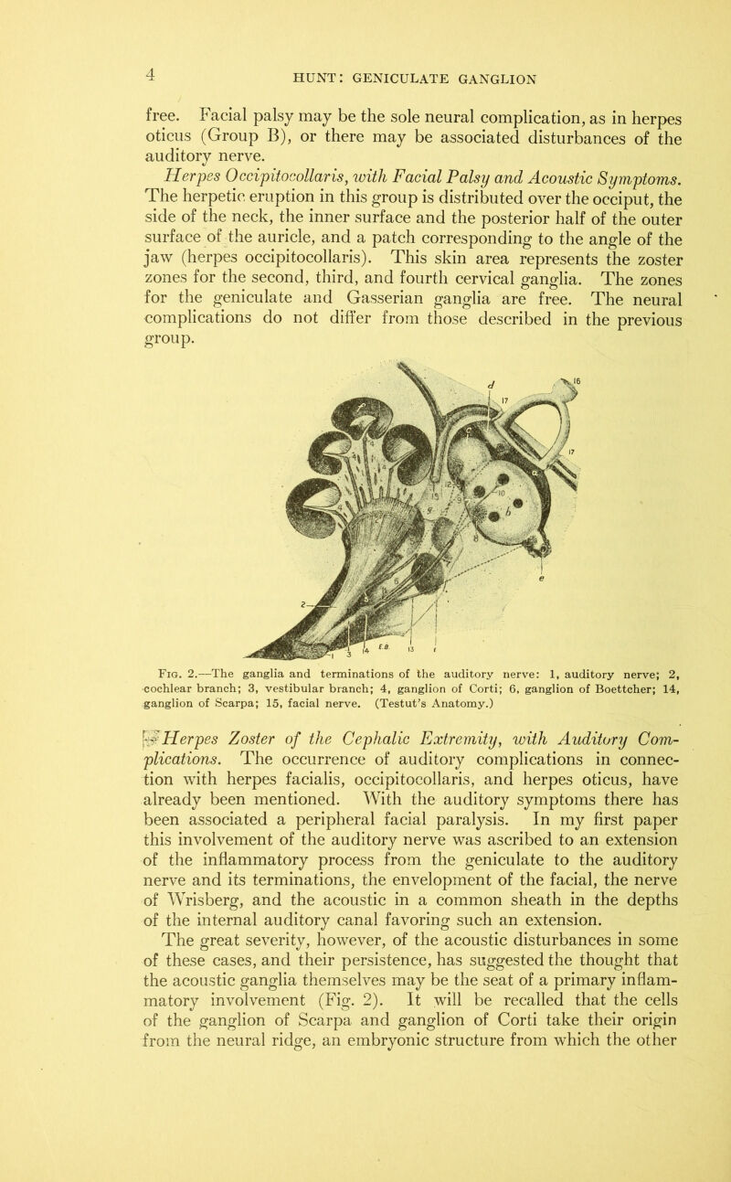 free. Facial palsy may be the sole neural complication, as in herpes oticus (Group B), or there may be associated disturbances of the auditory nerve. Herpes Occipitocollaris, with Facial Palsy and Acoustic Symptoms. The herpetic eruption in this group is distributed over the occiput, the side of the neck, the inner surface and the posterior half of the outer surface of the auricle, and a patch corresponding to the angle of the jaw (herpes occipitocollaris). This skin area represents the zoster zones for the second, third, and fourth cervical ganglia. The zones for the geniculate and Gasserian ganglia are free. The neural complications do not differ from those described in the previous group. Fig. 2.—The ganglia and terminations of the auditory nerve: 1, auditory nerve; 2, cochlear branch; 3, vestibular branch; 4, ganglion of Corti; 6, ganglion of Boettcher; 14, ganglion of Scarpa; 15, facial nerve. (Testut’s Anatomy.) Herpes Zoster of the Cephalic Extremity, with Auditory Com- plications. The occurrence of auditory complications in connec- tion with herpes facialis, occipitocollaris, and herpes oticus, have already been mentioned. With the auditory symptoms there has been associated a peripheral facial paralysis. In my first paper this involvement of the auditory nerve was ascribed to an extension of the inflammatory process from the geniculate to the auditory nerve and its terminations, the envelopment of the facial, the nerve of Wrisberg, and the acoustic in a common sheath in the depths of the internal auditory canal favoring such an extension. The great severity, however, of the acoustic disturbances in some of these cases, and their persistence, has suggested the thought that the acoustic ganglia themselves may be the seat of a primary inflam- matory involvement (Fig. 2). It will be recalled that the cells of the ganglion of Scarpa and ganglion of Corti take their origin from the neural ridge, an embryonic structure from which the other