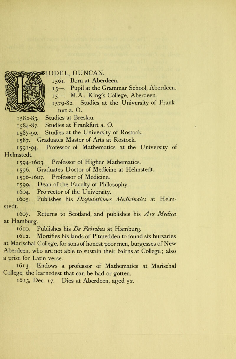 IDDEL, DUNCAN. 1561. Born at Aberdeen. 15—. Pupil at the Grammar School, Aberdeen. 15—. M.A., King’s College, Aberdeen. 1579-82. Studies at the University of Frank- furt a. O. 1582-83. Studies at Breslau. 1584-87. Studies at Frankfurt a. O. 1587-90. Studies at the University of Rostock. 1587. Graduates Master of Arts at Rostock. 1591-94. Professor of Mathematics at the University of Helmstedt. 1594-1603. Professor of Higher Mathematics. 1596. Graduates Doctor of Medicine at Helmstedt. 1596-1607. Professor of Medicine. 1599. Dean of the Faculty of Philosophy. 1604. Pro-rector of the University. 1605. Publishes his Disputationes Medicinales at Helm- stedt. 1607. Returns to Scotland, and publishes his Ars Medica at Hamburg. 1610. Publishes his De Febribus at Hamburg. 1612. Mortifies his lands of Pitmedden to found six bursaries at Marischal College, for sons of honest poor men, burgesses of New Aberdeen, who are not able to sustain their bairns at College; also a prize for Latin verse. 1613. Endows a professor of Mathematics at Marischal College, the learnedest that can be had or gotten. 1613, Dec. 17. Dies at Aberdeen, aged 52.