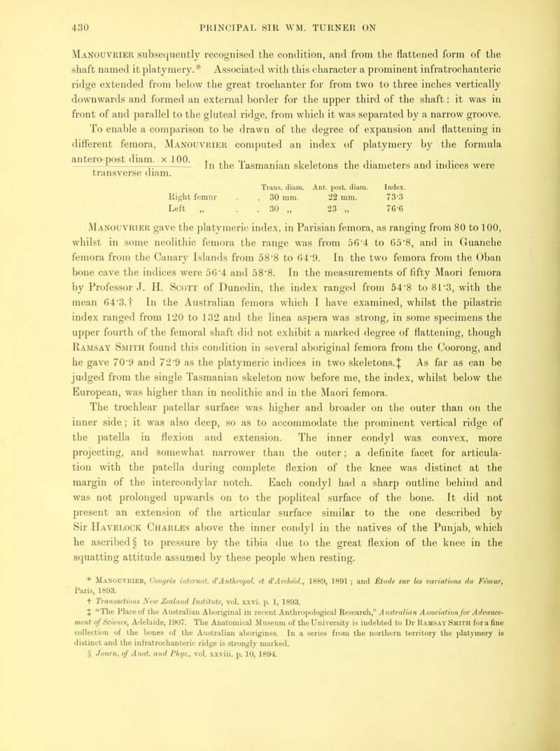 Manouvrier subsequently recognised the condition, and from the flattened form of the shaft named it platymery.* Associated with this character a prominent infratrochanteric ridge extended from below the great trochanter for from two to three inches vertically downwards and formed an external border for the upper third of the shaft: it was in front of and parallel to the gluteal ridge, from which it was separated by a narrow groove. To enable a comparison to be drawn of the degree of expansion and flattening in different femora, Manouvrier computed an index of platymery by the formula antero-post diam. x 100. transverse diam. In the Tasmanian skeletons the diameters and indices were Trans, diam. Ant. post. diam. Index. Right femur . 30 mm. 22 mm. 73'3 Left „ . 30 „ 23 „ 76-6 Manouvrier gave the platymeric index, in Parisian femora, as ranging from 80 to 100, whilst in some neolithic femora the range was from 56'4 to 65'8, and in Guanche femora from the Canary Islands from 58*8 to 64‘9. In the two femora from the Oban bone cave the indices were 56 ‘4 and 58’8. In the measurements of fifty Maori femora by Professor J. H. Scott of Dunedin, the index ranged from 54‘8 to 81‘3, with the mean 64*3.t In the Australian femora which I have examined, whilst the pilastric index ranged from 120 to 132 and the linea aspera was strong, in some specimens the upper fourth of the femoral shaft did not exhibit a marked degree of flattening, though Ramsay Smith found this condition in several aboriginal femora from the Coorong, and he gave 70'9 and 72‘9 as the platymeric indices in two skeletons. J As far as can be judged from the single Tasmanian skeleton now before me, the index, whilst below the European, was higher than in neolithic and in the Maori femora. The trochlear patellar surface was higher and broader on the outer than on the inner side; it was also deep, so as to accommodate the prominent vertical ridge of the patella in flexion and extension. The inner condyl was convex, more projecting, and somewhat narrower than the outer; a definite facet for articula- tion with the patella during complete flexion of the knee was distinct at the margin of the intercondylar notch. Each condyl had a sharp outline behind and was not prolonged upwards on to the popliteal surface of the bone. It did not present an extension of the articular surface similar to the one described by Sir Havelock Charles above the inner condyl in the natives of the Punjab, which he ascribed § to pressure by the tibia due to the great flexion of the knee in the squatting attitude assumed by these people when resting. * Manouvrier, Conyrte internat. d’Anthropol. et d’Archeol., 1889, 1891 ; and Etude sur les variations du Femur, Paris, 1893. t Transactions New Zealand Institute, vol. xxvi. p. 1, 1893. J “The Place of the Australian Aboriginal in recent Anthropological Research,” Australian Association for Advance- ment of Science, Adelaide, 1907. The Anatomical Museum of the University is indebted to Dr Ramsay Smith for a fine collection of the bones of the Australian aborigines. In a series from the northern territory the platymery is distinct and the infratrochanteric ridge is strongly marked. § Journ. of Anat. and Phys., vol. xxviii. p. 10, 1894.