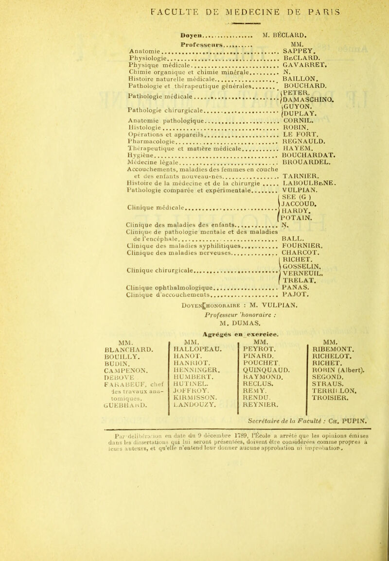 Pathologie médicale, Doyen...., M. BECLARD. Professeurs, MM. Anatomie SAPPEY. Physiologie BuCLARD. Physique médicale.. GAVARRET, Chimie organique et chimie minérale N. Histoire naturelle médicale # BAILLON. Pathologie et thérapeutique générales BOUCHARD. (PETER. /DAMASCHINO. Pathologie chirurgicale IduplaY. Anatomie pathologique CORNIL. Histologie ROBIN. Opérations et appareils LE FORT. Pharmacologie REGNAULD. Thérapeutique et matière médicale HAYEM. Hygiène BOUCHARDAT. Médecine légale BROUARDEL. Accouchements, maladies des femmes en couche et des enfants nouveau-nés TARN1ER. Histoire de la médecine et de la chirurgie LABOULBuNE. Pathologie comparée et expérimentale VULPIAN. (SEE (G ) JACCOUD. HARDY. POTA1N. Clinique des maladies des enfants N. Clinique de pathologie mentale et des maladies de l’encéphale BALL. Clinique des maladies syphilitiques... FOURNIER, Clinique des maladies nerveuses CHARCOT. 1 RICHET. GOSSELIN. VERNEUIL. TRELAT. Clinique ophthalmologique PANAS. Clinique d'accouchements PAJOT. Doyen£honoraire : M. VULPIAN. Professeur 'honoraire : M. DUMAS. Clinique médicale. Clinique chirurgicale. Agrégés en exercice. MM. MM. MM. MM. BLANCHARD. HALLOPEAU. PEYROT. RIBEMONT. BOUILLY. HANOT. PINARD. RICHELOT. BUDIN. HANRIOT. POUCHET. RICHET. CAMPENON. IiENNlNGER. QUINQUAUD. ROBIN (Albert). DEBOVE HUMBERT. RAYMOND. SEGOND. FA.KABEUF, chef HUT1NEL. RECLUS. STRAUS. des travaux ana- JOFFROY. REMY. TERRII.LON. tomiques. GUEBHAhD. KIRMJSSON. LANDOUZY. RENDU. REYNIER. TROISIER. Secrétaire de la Faculté : Ch. PUPIN. Par délibération en date du 9 décembre 1789, l’Ecole a arrêté que les opinions émises dans les dissertations qui lui seront présentées, doivent être considérées comme propres à leurs auteurs, et qu’elle n’entend leur donner aucune approbation ni improbation.