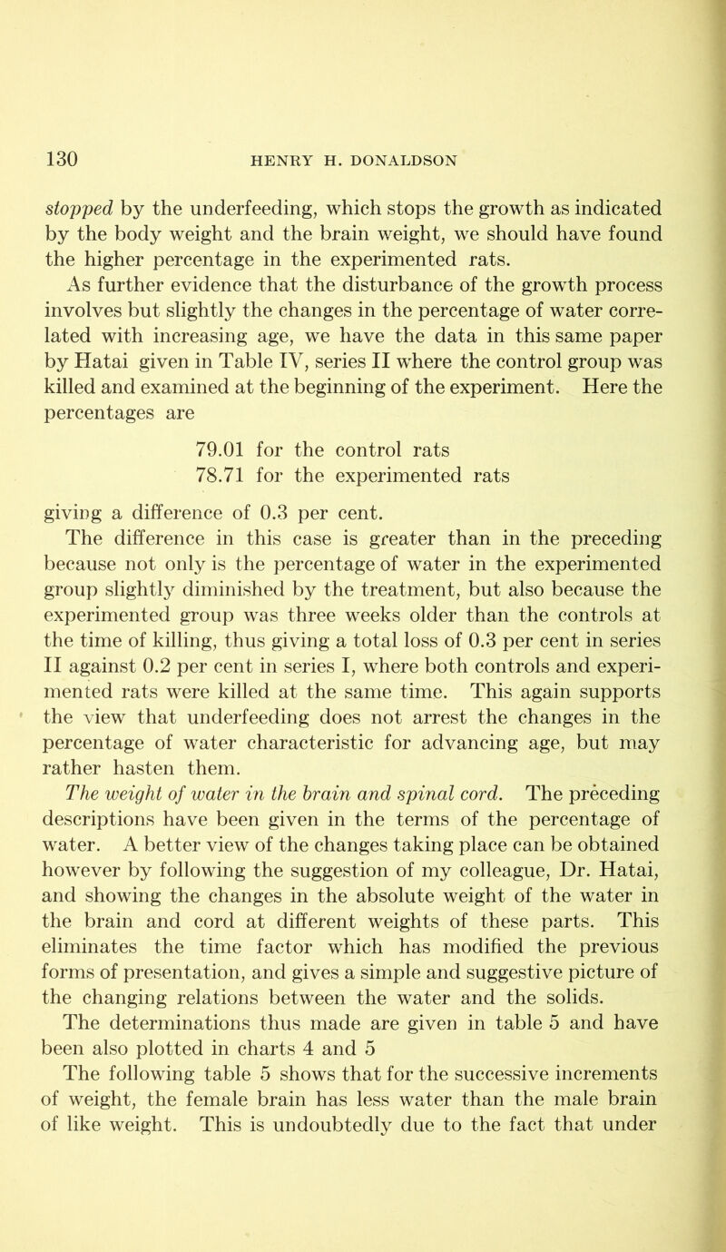 stopped by the underfeeding, which stops the growth as indicated by the body weight and the brain weight, we should have found the higher percentage in the experimented rats. As further evidence that the disturbance of the growth process involves but slightly the changes in the percentage of water corre- lated with increasing age, we have the data in this same paper by Hatai given in Table IV, series II where the control group was killed and examined at the beginning of the experiment. Here the percentages are 79.01 for the control rats 78.71 for the experimented rats giving a difference of 0.3 per cent. The difference in this case is greater than in the preceding because not only is the percentage of water in the experimented group slightly diminished by the treatment, but also because the experimented group was three weeks older than the controls at the time of killing, thus giving a total loss of 0.3 per cent in series II against 0.2 per cent in series I, where both controls and experi- mented rats were killed at the same time. This again supports the view that underfeeding does not arrest the changes in the percentage of water characteristic for advancing age, but may rather hasten them. The weight of water in the brain and spinal cord. The preceding descriptions have been given in the terms of the percentage of water. A better view of the changes taking place can be obtained however by following the suggestion of my colleague, Dr. Hatai, and showing the changes in the absolute weight of the water in the brain and cord at different weights of these parts. This eliminates the time factor which has modified the previous forms of presentation, and gives a simple and suggestive picture of the changing relations between the water and the solids. The determinations thus made are given in table 5 and have been also plotted in charts 4 and 5 The following table 5 shows that for the successive increments of weight, the female brain has less water than the male brain of like weight. This is undoubtedly due to the fact that under