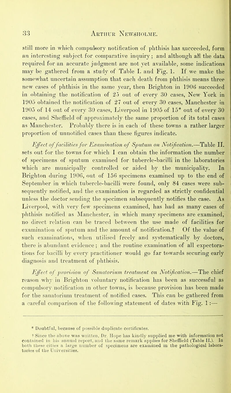 still more in which compulsory notification of phthisis has succeeded, form an interesting subject for comparative inquiry; and although all the data required for an accurate judgment are not yet available, some indications may be gathered from a study of Table I. and Fig. 1. If we make the somewhat uncertain assumption that each death from phthisis means three new cases of phthisis in the same year, then Brighton in 1906 succeeded in obtaining the notification of 25 out of every 30 cases, New York in 1905 obtained the notification of 27 out of every 30 cases, Manchester in 1905 of 14 out of every 30 cases, Liverpool in 1905 of 15* out of every 30 cases, and Sheffield of approximately the same proportion of its total cases as Manchester. Probably there is in each of these towns a rather larger proportion of unnotified cases than these figures indicate. Effect of facilities for Examination of Sputum on Notification.—Table II. sets out for the towns for which I can obtain the information the number of specimens of sputum examined for tubercle-bacilli in the laboratories which are municipally controlled or aided by the municipality. In Brighton during 1906, out of 156 specimens examined up to the end of September in which tubercle-bacilli were found, only 84 cases were sub- sequently notified, and the examination is regarded as strictly confidential unless the doctor sending the specimen subsequently notifies the case. As Liverpool, with very few specimens examined, has had as many cases of phthisis notified as Manchester, in which many specimens are examined, no direct relation can be traced between the use made of facilities for examination of sputum and the amount of notification.! Of the value of such examinations, when utilised freely and systematically by doctors, there is abundant evidence; and the routine examination of all expectora- tions for bacilli by every practitioner would go far towards securing early diagnosis and treatment of phth»isis. Effect of provision of Sanatorium treatment on Notification.—The chief reason why in Brighton voluntary notification has been as successful as compulsory notification in other towns, is because provision has been made for the sanatorium treatment of notified cases. This can be gathered from a careful comparison of the following statement of dates with Fig. 1:— * Doubtful, because of possible duplicate certificates. t Since the above was written, Dr. Hope has kindly supplied me with information not contained in his annual report, and the same remark applies for Sheffield (Table II.). In both these cities a large number of specimens are examined in the pathological labora- tories of the Universities.