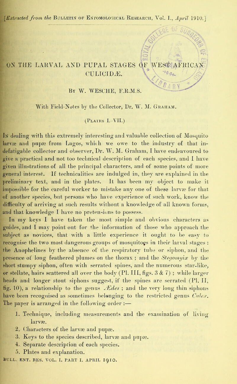 ON THE LARVAL AND PUPAL STAGES QF WEST' AFRICAN GULICIDJE. K'.f • v Bt W. WESCHE, F.E.M.S, With Field-Notes by the Collector, Ur. W. M. Graham. (Plates I.-'VII.) In dealing with this extremely interesting and valuable collection of Mosquito larvae and pupae from Lagos, which we owe to the industry of that in- defatigable collector and observer, Dr. W. M. Graham, I have endeavoured to give a practical and not too technical description of each species, and I have given illustrations of all the principal characters, and of some points of more general interest. If technicalities are indulged in, they are explained in the preliminary text, and in the plates. It has been my object to make it impossible for the careful worker to mistake any one of these larvae for that of another species, but persons who have experience of such work, know the difficulty of arriving at such results without a knowledge of all known forms, and that knowledge I have no pretensions to possess. In my keys I have taken the most simple and obvious characters as guides, and I may point out for the information of those who appi’oach the subject as novices, that with a little experience it ought to be easy to recognise the two most dangerous groups of mosquitogs in their larval stages : the Anophelines by the absence of the respiratory tube or siphon, and the presence of long feathered plumes on the thorax ; and the Stegomyioe by the short stumpy siphon, often with serrated spines, and the numerous star-like, or stellate, hairs scattered all over the body (PL III, figs. 3 & 7) ; while larger heads and longer stout siphons suggest, if the spines are serrated (PI. II, fig. 10), a relationship to the genus x&des ; and the very long thin siphons have been recognised as sometimes belonging to the restricted genus Culex. The paper is arranged in the following order :— 1. Technique, including measurements and the examination of living larvae. 2. Characters of the larvae and pupse. 3. Keys to the species described, larvae and pupae. 4. Separate description of each species. 5. Plates and explanation. BULL. ENT. RES. VOL. I. PART I. APRIL I9IO.