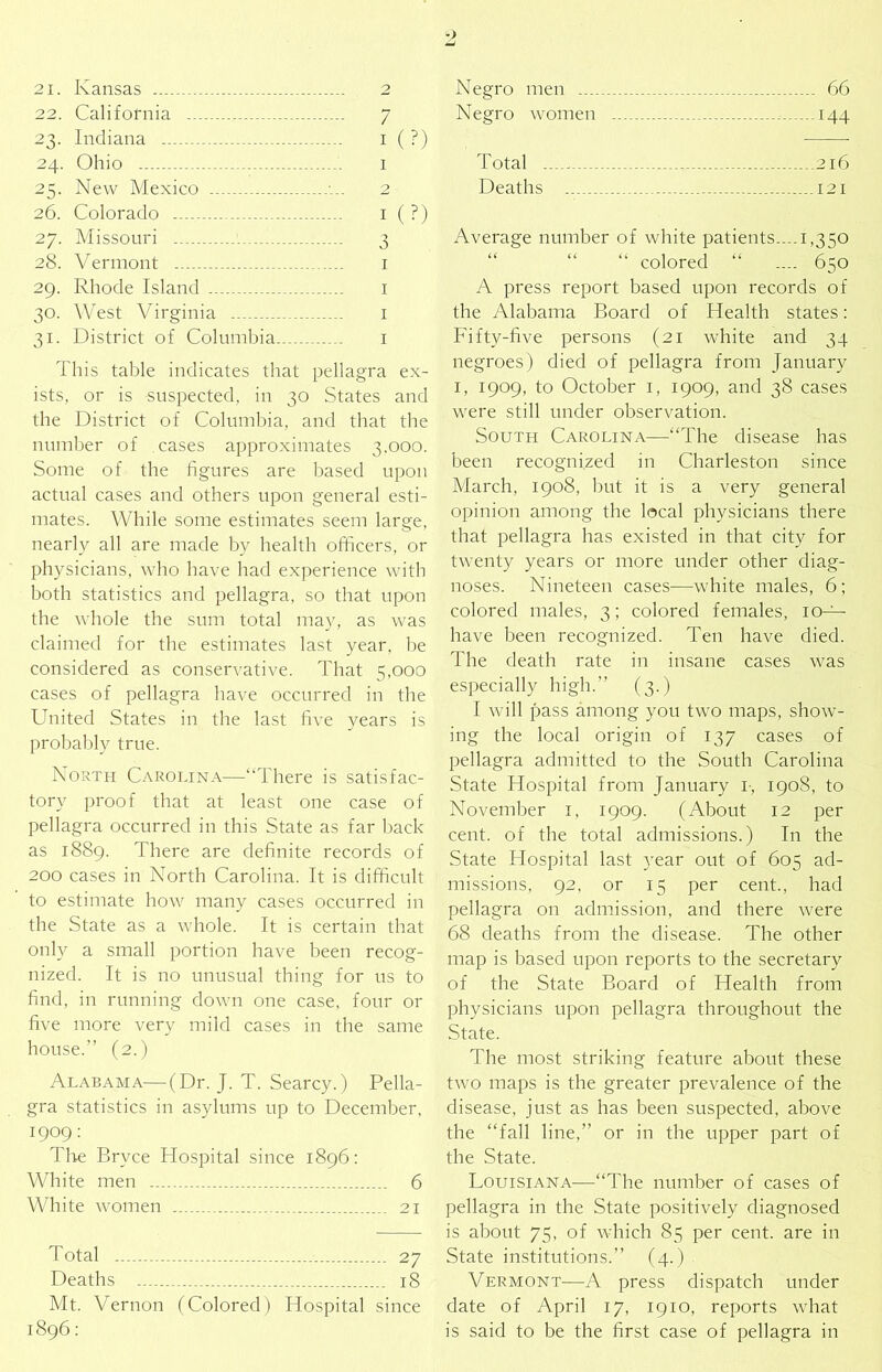 22. California 7 23. Indiana i ( ?) 24. Ohio - I 25. New Mexico x. 2 26. Colorado i ( ?) 27. Missouri 3 28. Vermont i 29. Rhode Island i 30. West Virginia i 31. District of Columbia i This table indicates that pellagra ex- ists, or is suspected, in 30 States and the District of Columbia, and that the number of cases approximates 3.000. Some of the figures are based upon actual cases and others upon general esti- mates. While some estimates seem large, nearly all are made by health officers, or physicians, who have had experience with both statistics and pellagra, so that upon the whole the sum total may, as was claimed for the estimates last year, be considered as conservative. That 5,000 cases of pellagra have occurred in the United States in the last five years is probably true. North Carolina—“There is satisfac- tory proof that at least one case of pellagra occurred in this State as far back as 1889. There are definite records of 200 cases in North Carolina. It is difficult to estimate how many cases occurred in the State as a whole. It is certain that only a small portion have been recog- nized. It is no unusual thing for us to find, in running down one case, four or five more very mild cases in the same house.’’ (2.) Alabama—(Dr. J. T. Searcy.) Pella- gra statistics in asylums up to December, 1909; Tire Bryce Hospital since 1896: White men 6 White women 21 Total 27 Deaths 18 Mt. Vernon (Colored) Hospital since 1896: Negro women 144 Total 216 Deaths 121 Average number of white patients....1,350 “ “ “ colored “ .... 650 A press report based upon records of the Alabama Board of Health states: Fifty-five persons (21 white and 34 negroes) died of pellagra from January I, 1909, to October i, 1909, and 38 cases were still under observation. South Carolina—“The disease has been recognized in Charleston since March, 1908, but it is a very general opinion among the local physicians there that pellagra has existed in that city for twenty years or more under other diag- noses. Nineteen cases—white males, 6; colored males, 3; colored females, 10— have been recognized. Ten have died. The death rate in insane cases was especially high.’’ (3.) I will pass among you two maps, show- ing the local origin of 137 cases of pellagra admitted to the South Carolina State Hospital from January i-, 1908, to November i, 1909. (About 12 per cent, of the total admissions.) In the State Hospital last }'ear out of 605 ad- missions, 92, or 15 per cent., had pellagra on admission, and there were 68 deaths from the disease. The other map is based upon reports to the secretary of the State Board of Health from physicians upon pellagra throughout the State. The most striking feature about these two maps is the greater prevalence of the disease, just as has been suspected, above the “fall line,” or in the upper part of the State. Louisiana—“The number of cases of pellagra in the State positively diagnosed is about 75, of which 85 per cent, are in State institutions.” (4.) . Vermont—y\ press dispatch under date of April 17, 1910, reports what is said to be the first case of pellagra in