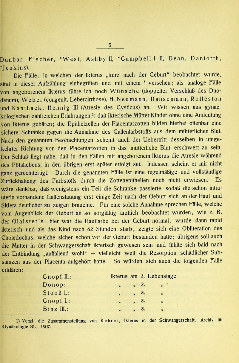 Dunbar, Fischer, *West, Ashby II, ^Campbell I, II, Dean, Danforth, *Jenkins). Die Fälle, in welchen der Ikterus „kurz nach der Geburt“ beobachtet wurde, sind in dieser Aufzählung einbegriffen und mit einem * versehen; als analoge Fälle von angeborenem Ikterus führe ich noch Wünsche (doppelter Verschluß des Duo- denum), Weber (congenit. Lebercirrhose), H. Neumann, Hansemann, Rolleston und Kanthack, Hennig HI (Atresie des Cysticus) an. Wir wissen aus gynae- kologischen zahlreichen Erfahrungen,^) daß ikterische Mütter Kinder ohne eine Andeutung von Ikterus gebären; die Epithelzellen der Placentarzotten bilden hierbei offenbar eine sichere Schranke gegen die Aufnahme des Qallenfarbstoffs aus dem mütterlichen Blut. Nach den genannten Beobachtungen scheint auch der Uebertritt desselben in umge- kehrter Richtung von den Placentarzotten in das mütterliche Blut erschwert zu sein. Der Schluß liegt nahe, daß in den Fällen mit angeborenem Ikterus die Atresie während des Fötallebens, in den übrigen erst später erfolgt sei. Indessen scheint er mir nicht ganz gerechtfertigt. Durch die genannten Fälle ist eine regelmäßige und vollständige Zurückhaltung des Farbstoffs durch die Zottenepithelien noch nicht erwiesen. Es wäre denkbar, daß wenigstens ein Teil die Schranke passierte, sodaß die schon intra- uterin vorhandene Qallenstauung erst einige Zeit nach der Geburt sich an der Haut und Sklera deutlicher zu zeigen brauchte. Für eine solche Annahme sprechen Fälle, welche vom Augenblick der Geburt an so sorgfältig ärztlich beobachtet wurden, wie z. B. der Glaister’s; hier war die Hautfarbe bei der Geburt normal, wurde dann rapid ikterisch und als das Kind nach 62 Stunden starb, zeigte sich eine Obliteration des Choledochus, welche sicher schon vor der Geburt bestanden hatte; übrigens soll auch die Mutter in der Schwangerschaft ikterisch gewesen sein und fühlte sich bald nach der Entbindung „auffallend wohl“ — vielleicht weil die Resorption schädlicher Sub- stanzen aus der Placenta aufgehört hatte. So würden sich auch die folgenden Fälle erklären: Cnopf II.: Donop: Stooß 1.: Cnopf I.: Binz III.: Ikterus am 2. Lebenstage , , • 2. , , 3. , , 3. , , 3. 1) Vergl. die Zusammenstellung von Kehrer, Ikterus in der Schwangerschaft. Archiv für Gynäkologie 81. 1907.