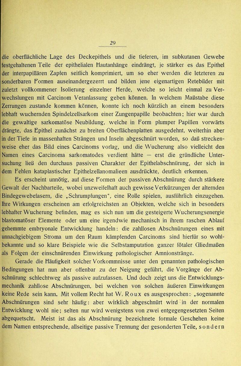 die oberflächliche Lage des Deckepithels und die tieferen, im subkutanen Gewebe festgehaltenen Teile der epithelialen Hautanhänge eindrängt, je stärker es das Epithel der interpapillären Zapfen seitlich komprimiert, um so eher werden die letzteren zu sonderbaren Formen auseinandergezerrt und bilden jene eigenartigen Retebilder mit zuletzt vollkommener Isolierung einzelner Herde, welche so leicht einmal zu Ver- wechslungen mit Carcinom Veranlassung geben können. In welchem Maßstabe diese Zerrungen zustande kommen können, konnte ich noch kürzlich an einem besonders lebhaft wuchernden Spindelzellsarkom einer Zungenpapille beobachten; hier war durch die gewaltige sarkomatöse Neubildung, welche in Form plumper Papillen vorwärts drängte, das Epithel zunächst zu breiten Oberflächenplatten ausgedehnt, weiterhin aber in der Tiefe in massenhaften Strängen und Inseln abgeschnürt worden, so daß strecken- weise eher das Bild eines Carcinoms vorlag, und die Wucherung also vielleicht den Namen eines Carcinoma sarkomatodes verdient hätte — erst die gründliche Unter- suchung ließ den durchaus passiven Charakter der Epithelabschnürung, der sich in dem Fehlen kataplastischer Epithelzellanomalieen ausdrückte, deutlich erkennen. Es erscheint unnötig, auf diese Formen der passiven Abschnürung durch stärkere Gewalt der Nachbarteile, wobei unzweifelhaft auch gewisse Verkürzungen der alternden Bindegewebefasem, die „Schrumpfungen“, eine Rolle spielen, ausführlich einzugehen. Ihre Wirkungen erscheinen am erfolgreichsten an Objekten, welche sich in besonders lebhafter Wucherung befinden, mag es sich nun um die gesteigerte Wucherungsenergie blastomatöser Elemente oder um eine irgendwie mechanisch in ihrem raschen Ablauf gehemmte embryonale Entwicklung handeln: die zahllosen Abschnürungen eines mit unnachgiebigem Stroma um den Raum kämpfenden Carcinoms sind hierfür so wohl- bekannte und so klare Beispiele wie die Selbstamputation ganzer fötaler Gliedmaßen als Folgen der einschnürenden Einwirkung pathologischer Amnionstränge. Gerade die Häufigkeit solcher Vorkommnisse unter den genannten pathologischen Bedingungen hat nun aber offenbar zu der Neigung geführt, die Vorgänge der Ab- schnürung schlechtweg als passive aufzufassen. Und doch zeigt uns die Entwicklungs- mechanik zahllose Abschnürungen, bei welchen von solchen äußeren Einwirkungen keine Rede sein kann. Mit vollem Recht hat W. Roux es ausgesprochen: „sogenannte Abschnürungen sind sehr häufig: aber wirklich abgeschnürt wird in der normalen Entwicklung wohl nie; selten nur wird wenigstens von zwei entgegengesetzten Seiten abgequetscht. Meist ist das als Abschnürung bezeichnete formale Geschehen keine dem Namen entsprechende, allseitige passive Trennung der gesonderten Teile, sondern
