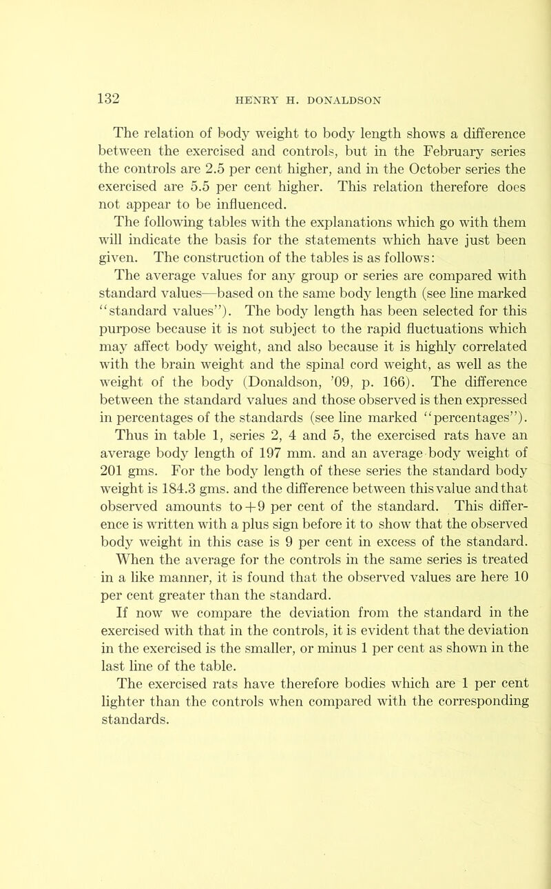 The relation of body weight to body length shows a difference between the exercised and controls, but in the February series the controls are 2.5 per cent higher, and in the October series the exercised are 5.5 per cent higher. This relation therefore does not appear to be influenced. The following tables with the explanations which go with them will indicate the basis for the statements which have just been given. The construction of the tables is as follows: The average values for any group or series are compared with standard values—based on the same body length (see line marked “standard values”). The body length has been selected for this purpose because it is not subject to the rapid fluctuations which may affect body weight, and also because it is highly correlated with the brain weight and the spinal cord weight, as well as the weight of the body (Donaldson, ’09, p. 166). The difference between the standard values and those observed is then expressed in percentages of the standards (see line marked “percentages”). Thus in table 1, series 2, 4 and 5, the exercised rats have an average body length of 197 mm. and an average body weight of 201 gms. For the body length of these series the standard body weight is 184.3 gms. and the difference between this value and that observed amounts to+9 per cent of the standard. This differ- ence is written with a plus sign before it to show that the observed body weight in this case is 9 per cent in excess of the standard. When the average for the controls in the same series is treated in a like manner, it is found that the observed values are here 10 per cent greater than the standard. If now we compare the deviation from the standard in the exercised with that in the controls, it is evident that the deviation in the exercised is the smaller, or minus 1 per cent as shown in the last line of the table. The exercised rats have therefore bodies which are 1 per cent lighter than the controls when compared with the corresponding standards.