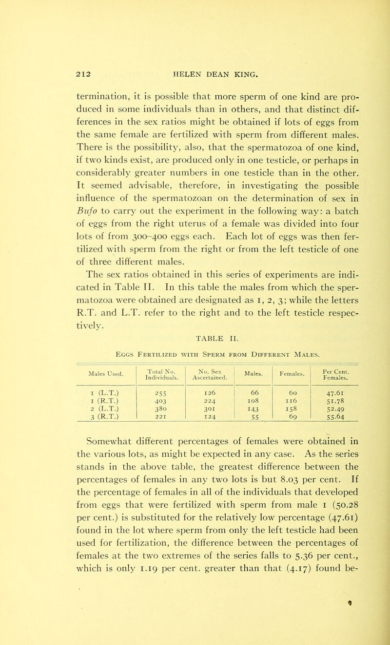 termination, it is possible that more sperm of one kind are pro- duced in some individuals than in others, and that distinct dif- ferences in the sex ratios might be obtained if lots of eggs from the same female are fertilized with sperm from different males. There is the possibility, also, that the spermatozoa of one kind, if two kinds exist, are produced only in one testicle, or perhaps in considerably greater numbers in one testicle than in the other. It seemed advisable, therefore, in investigating the possible influence of the spermatozoan on the determination of sex in Bnfo to carry out the experiment in the following way: a batch of eggs from the right uterus of a female was divided into four lots of from 300-400 eggs each. Each lot of eggs was then fer- tilized with sperm from the right or from the left testicle of one of three different males. The sex ratios obtained in this series of experiments are indi- cated in Table II. In this table the males from which the sper- matozoa were obtained are designated as 1, 2, 3; while the letters R.T. and L.T. refer to the right and to the left testicle respec- tively. TABLE II. Eggs Fertilized with Sperm from Different Males. Males Used. Total No. Individuals. No. Sex Ascertained. Males. Females. Per Cent. Females. 1 (L.T.) 25s 126 66 60 47.61 1 (R.T.) 403 224 108 Il6 51.78 2 (L.T.) 380 301 143 158 52.49 3 (R.T.) 221 124 SS 69 55-64 Somewhat different percentages of females were obtained in the various lots, as might be expected in any case. As the series stands in the above table, the greatest difference between the percentages of females in any two lots is but 8.03 per cent. If the percentage of females in all of the individuals that developed from eggs that were fertilized with sperm from male 1 (50.28 per cent.) is substituted for the relatively low percentage (47.61) found in the lot where sperm from only the left testicle had been used for fertilization, the difference between the percentages of females at the two extremes of the series falls to 5.36 per cent., which is only 1.19 per cent, greater than that (4.17) found be-