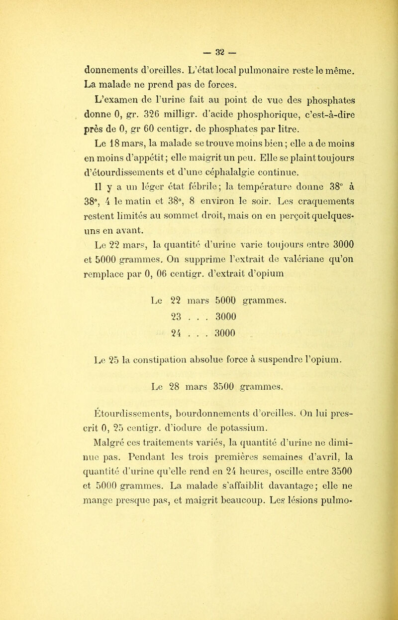 donnements d’oreilles. L’état local pulmonaire reste le même. La malade ne prend pas de forces. L’examen de l’urine fait au point de vue des phosphates donne 0, gr. 326 milligr. d’acide phosphorique, c’est-à-dire près de 0, gr 60 centigr. de phosphates par litre. Le 18 mars, la malade se trouve moins bien ; elle a de moins en moins d’appétit ; elle maigrit un peu. Elle se plaint toujours d’étourdissements et d’une céphalalgie continue. 11 y a un léger état fébrile; la température donne 38 à 38, 4 le matin et 38, 8 environ le soir. Les craquements restent limités au sommet droit, mais on en perçoit quelques- uns en avant. Le 22 mars, la quantité d’urine varie toujours entre 3000 et 5000 grammes. On supprime l’extrait de valériane qu’on remplace par 0, 06 centigr. d’extrait d’opium Le 22 mars 5000 grammes. 23 . . . 3000 24 . . . 3000 Le 25 la constipation absolue force à suspendre l’opium. Le 28 mars 3500 grammes. Étourdissements, bourdonnements d’oreilles. On lui pres- crit 0, 25 centigr. d’iodure de potassium. Malgré ces traitements variés, la quantité d’urine ne dimi- nue pas. Pendant les trois premières semaines d’avril, la quantité d’urine qu’elle rend en 24 heures, oscille entre 3500 et 5000 grammes. La malade s’affaiblit davantage; elle ne mange presque pas, et maigrit beaucoup. Les lésions pulmo-