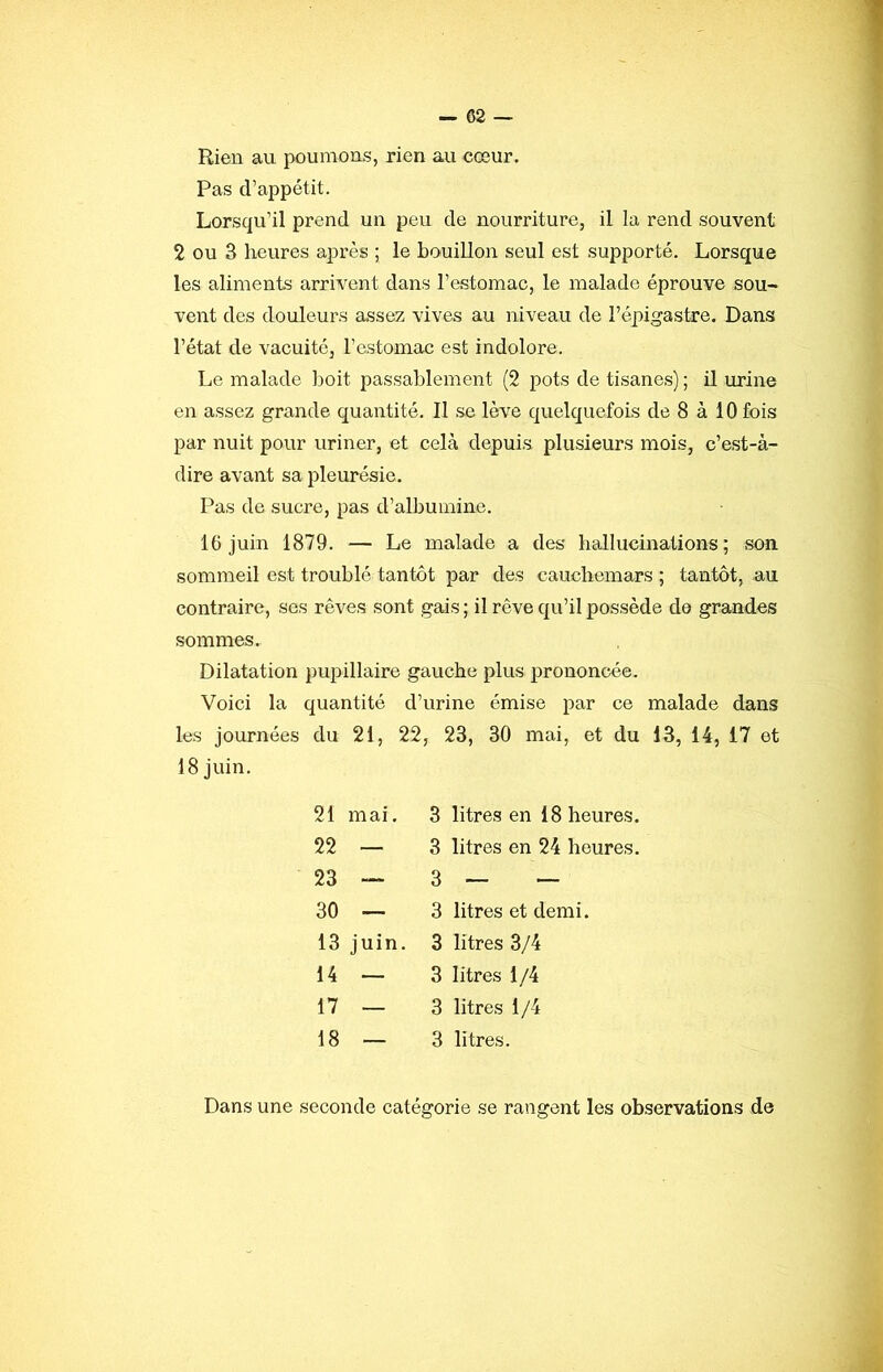Rien au poumons, rien au cœur. Pas d’appétit. Lorsqu’il prend un peu de nourriture, il la rend souvent 2 ou 3 heures après ; le bouillon seul est supporté. Lorsque les aliments arrivent dans l’estomac, le malade éprouve sou- vent des douleurs assez vives au niveau de l’épigastre. Dans l’état de vacuité, l’estomac est indolore. Le malade Ijoit passablement (2 pots de tisanes) ; il urine en assez grande quantité. Il se lève quelquefois de 8 à 10 fois par nuit pour uriner, et cela depuis plusieurs mois, c’est-à- dire avant sa pleurésie. Pas de sucre, pas d’allDumine. 16 juin 1879. — Le malade a des hallucinations; son sommeil est troublé tantôt par des cauchemars ; tantôt, au contraire, ses rêves sont gais; il rêve qu’il possède de grandes sommes. Dilatation pupillaire gauche plus prononcée. Voici la quantité d’urine émise par ce malade dans les journées du 21, 22, 23, 30 mai, et du 13, 14, 17 et 18 juin. 21 mai. 3 litres en 18 heures. 22 — 3 litres en 24 heures. 23 — 3 — — 30 — 3 litres et demi. 13 juin. 3 litres 3/4 14 — 3 litres 1/4 17 — 3 litres 1/4 18 — 3 litres. Dans une seconde catégorie se rangent les observations de