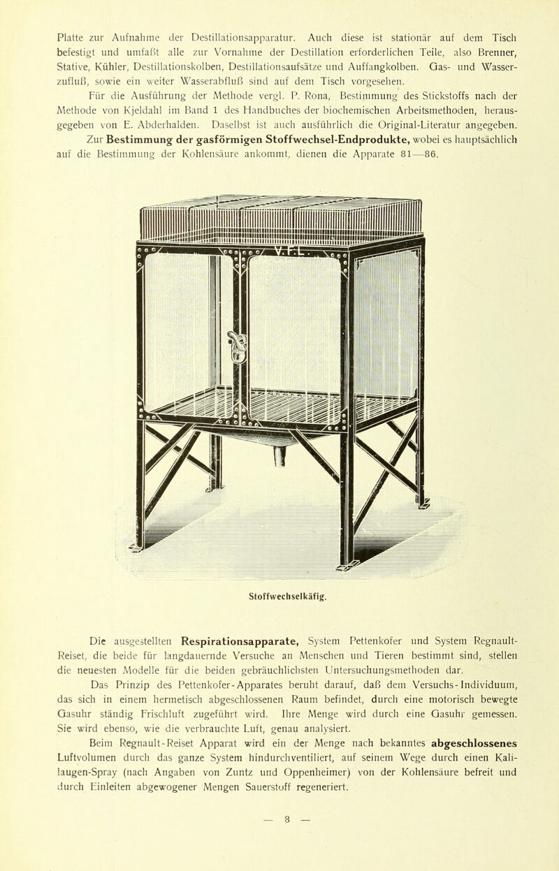 Platte zur Aufnahme der Destillationsapparatur. Auch diese ist stationär auf dem Tisch befestigt und umfaßt alle zur Vornahme der Destillation erforderlichen Teile, also Brenner, Stative, Kühler, Destillationskolben, Destillationsaufsätze und Auffangkolben. Gas- und Wasser- zufluß, sowie ein weiter Wasserabfluß sind auf dem Tisch vorgesehen. Für die Ausführung der Methode vergl. P. Rona, Bestimmung des Stickstoffs nach der Methode von Kjeldahl im Band 1 des Handbuches der biochemischen Arbeitsmethoden, heraus- gegeben von E. Abderhalden. Daselbst ist auch ausführlich die Original-Literatur angegeben. Zur Bestimmung der gasförmigen Stoffwechsel-Endprodukte, wobei es hauptsächlich auf die Bestimmung der Kohlensäure ankommt, dienen die Apparate 81—86. Stoffwechselkäfig. Die ausgestellten Respirationsapparate, System Pettenkofer und System Regnault- Reiset, die beide für langdauernde Versuche an Menschen und Tieren bestimmt sind, stellen die neuesten Modelle für die beiden gebräuchlichsten Untersuchungsmethoden dar. Das Prinzip des Pettenkofer-Apparates beruht darauf, daß dem Versuchs-Individuum, das sich in einem hermetisch abgeschlossenen Raum befindet, durch eine motorisch bewegte Gasuhr ständig Frischluft zugeführt wird. Ihre Menge wird durch eine Gasuhr gemessen. Sie wird ebenso, wie die verbrauchte Luft, genau analysiert. Beim Regnault-Reiset Apparat wird ein der Menge nach bekanntes abgeschlossenes Luftvolumen durch das ganze System hindurch ventiliert, auf seinem Wege durch einen Kali- laugen-Spray (nach Angaben von Zuntz und Oppenheimer) von der Kohlensäure befreit und durch Einleiten abgewogener Mengen Sauerstoff regeneriert.