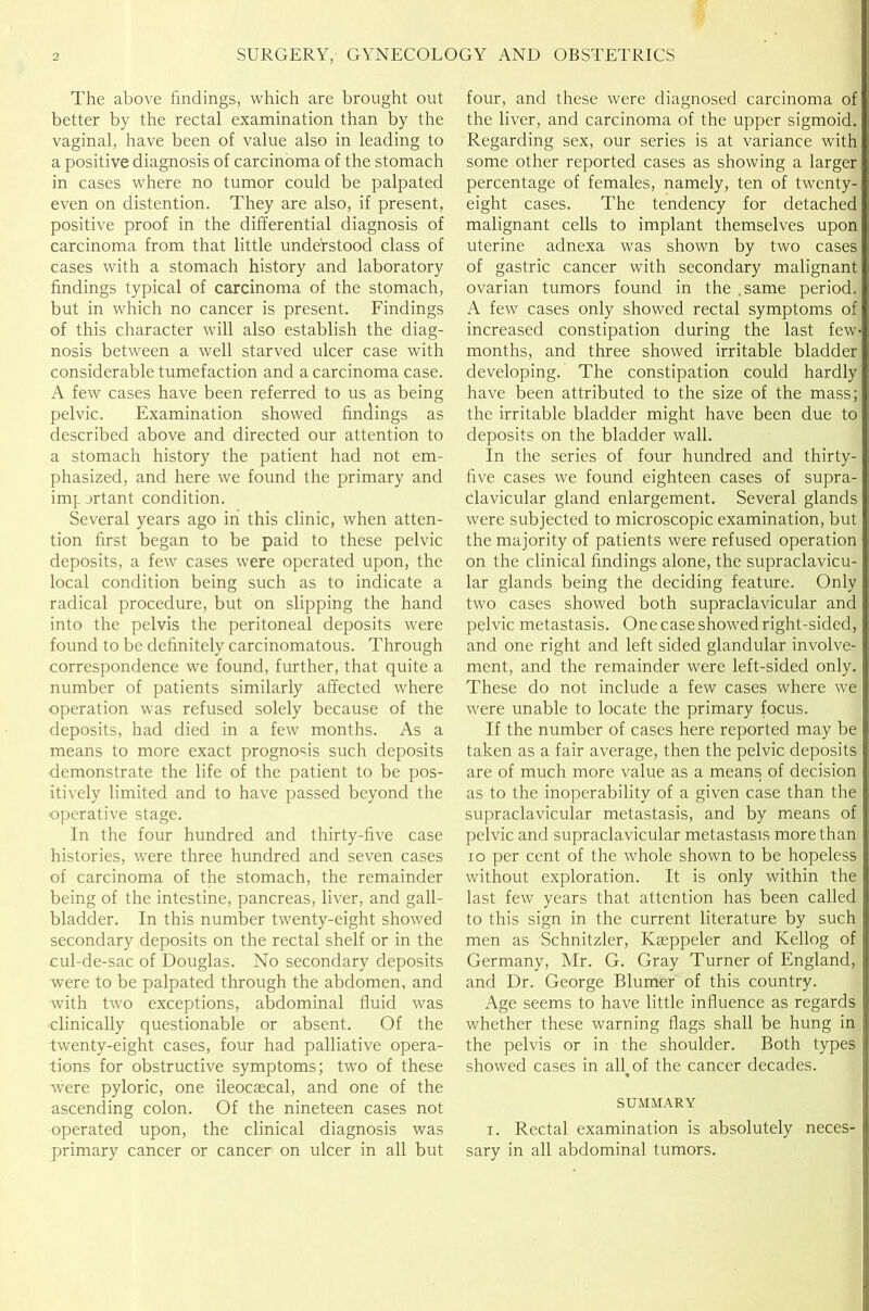 The above findings, which are brought out better by the rectal examination than by the vaginal, have been of value also in leading to a positive diagnosis of carcinoma of the stomach in cases where no tumor could be palpated even on distention. They are also, if present, positive proof in the differential diagnosis of carcinoma from that little understood class of cases with a stomach history and laboratory findings typical of carcinoma of the stomach, but in which no cancer is present. Findings of this character will also establish the diag- nosis between a well starved ulcer case with considerable tumefaction and a carcinoma case. A few cases have been referred to us as being pelvic. Examination showed findings as described above and directed our attention to a stomach history the patient had not em- phasized, and here we found the primary and imj. jrtant condition. Several years ago in this clinic, when atten- tion first began to be paid to these pelvic deposits, a few' cases were operated upon, the local condition being such as to indicate a radical procedure, but on slipping the hand into the pelvis the peritoneal deposits were found to be definitely carcinomatous. Through correspondence we found, further, that quite a number of patients similarly affected where operation was refused solely because of the deposits, had died in a few months. As a means to more exact prognosis such deposits demonstrate the life of the patient to be pos- itively limited and to have passed beyond the operative stage. In the four hundred and thirty-five case histories, were three hundred and seven cases of carcinoma of the stomach, the remainder being of the intestine, pancreas, liver, and gall- bladder. In this number twenty-eight showed secondary deposits on the rectal shelf or in the cul-de-sac of Douglas. No secondary deposits were to be palpated through the abdomen, and with tw'o exceptions, abdominal fluid was clinically questionable or absent. Of the twenty-eight cases, four had palliative opera- tions for obstructive symptoms; twm of these were pyloric, one ileocaecal, and one of the ascending colon. Of the nineteen cases not operated upon, the clinical diagnosis was primary cancer or cancer on ulcer in all but four, and these were diagnosed carcinoma of the liver, and carcinoma of the upper sigmoid. Regarding sex, our series is at variance with some other reported cases as showing a larger percentage of females, namely, ten of twenty- eight cases. The tendency for detached malignant cells to implant themselves upon uterine adnexa was shown by two cases of gastric cancer with secondary malignant ovarian tumors found in the .same period. A few cases only showed rectal symptoms of increased constipation during the last few- months, and three showed irritable bladder developing. The constipation could hardly have been attributed to the size of the mass; the irritable bladder might have been due to deposits on the bladder wall. In the series of four hundred and thirty- five cases we found eighteen cases of supra- clavicular gland enlargement. Several glands were subjected to microscopic examination, but the majority of patients were refused operation on the clinical findings alone, the supraclavicu- lar glands being the deciding feature. Only two cases showed both supraclavicular and pelvic metastasis. One case showed right-sided, and one right and left sided glandular involve- ment, and the remainder were left-sided only. These do not include a few cases where we were unable to locate the primary focus. If the number of cases here reported may be taken as a fair average, then the pelvic deposits are of much more value as a means of decision as to the inoperability of a given case than the supraclavicular metastasis, and by means of pelvic and supraclavicular metastasis more than xo per cent of the whole shown to be hopeless without exploration. It is only within the last few years that attention has been called to this sign in the current literature by such men as Schnitzler, Kseppeler and Kellog of Germany, Mr. G. Gray Turner of England, and Dr. George Blumer of this country. Age seems to have little influence as regards whether these warning flags shall be hung in the pelvis or in the shoulder. Both types showed cases in all of the cancer decades. SUMMARY i. Rectal examination is absolutely neces- sary in all abdominal tumors.