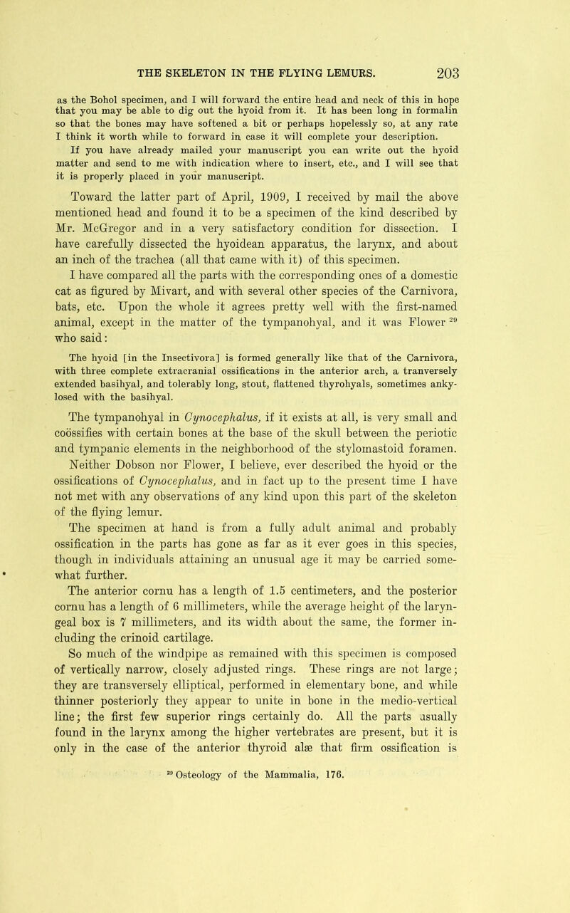 as the Bohol specimen, and I will forward the entire head and neck of this in hope that you may be able to dig out the hyoid from it. It has been long in formalin so that the bones may have softened a bit or perhaps hopelessly so, at any rate I think it worth while to forward in case it will complete your description. If you have already mailed your manuscript you can write out the hyoid matter and send to me with indication where to insert, etc., and I will see that it is properly placed in your manuscript. Toward the latter part of April, 1909, I received by mail the above mentioned head and found it to be a specimen of the kind described by Mr. McGregor and in a very satisfactory condition for dissection. I have carefully dissected the hyoidean apparatus, the larynx, and about an inch of the trachea (all that came with it) of this specimen. I have compared all the parts with the corresponding ones of a domestic cat as figured by Mivart, and with several other species of the Carnivora, bats, etc. Upon the whole it agrees pretty well with the first-named animal, except in the matter of the tympanohyal, and it was Flower who said: The hyoid [in the Insectivora] is formed generally like that of the Carnivora, with three complete extracranial ossifications in the anterior arch, a tranversely extended basihyal, and tolerably long, stout, fiattened thyrohyals, sometimes anky- losed with the basihyal. The tympanohyal in Cynoceplialus, if it exists at all, is very small and coossifies with certain bones at the base of the skull between the periotic and tympanic elements in the neighborhood of the stylomastoid foramen. Neither Dobson nor Flower, I believe, ever described the hyoid or the ossifications of Cynoceplialus, and in fact up to the present time I have not met with any observations of any land upon this part of the skeleton of the flying lemur. The specimen at hand is from a fully adult animal and probably ossification in the parts has gone as far as it ever goes in this species, though in individuals attaining an unusual age it may be carried some- what further. The anterior cornu has a length of 1.5 centimeters, and the posterior cornu has a length of 6 millimeters, while the average height of the laryn- geal box is 7 millimeters, and its width about the same, the former in- cluding the crinoid cartilage. So much of the windpipe as remained with this specimen is composed of vertically narrow, closely adjusted rings. These rings are not large; they are transversely elliptical, performed in elementary bone, and while thinner posteriorly they appear to unite in bone in the medio-vertical line; the first few superior rings certairdy do. All the parts usually found in the larynx among the higher vertebrates are present, but it is only in the case of the anterior thyroid alse that firm ossification is ““ Osteology of the Mammalia, 176.