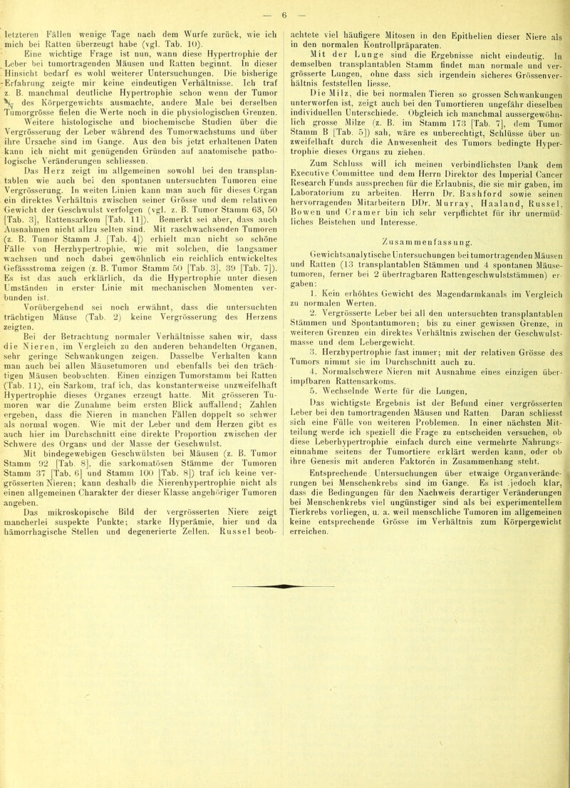 letzteren Fällen wenige Tage nach dem Wurfe zurück, w'ie ich mich bei Ratten überzeugt habe (vgl. Tab. 10). Eine wichtige Frage ist nun, wann diese Hypertrophie der Leber bei tumortragendeii Mäusen und Ratten beginnt, ln dieser . Hinsicht bedarf es wohl weiterer Untersuchungen. Die bisherige 'Erfahrung zeigte mir keine eindeutigen Verhältnisse. Ich traf z. B. manchmal deutliche Hypertrophie schon wenn der Tumor ^ des Körpergewichts ausmachte, andere Male bei derselben Tumorgrösse fielen die Werte noch in die physiologischen Grenzen. Weitere histologische und biochemische Studien über die Vergrösserung der Leber während des Tumorwachstums und über ihre Crsache sind im Gange. Aus den bis jetzt erhaltenen Daten kann ich nicht mit genügenden Gründen auf anatomische patho- logische Veränderungen schliessen. Das Herz zeigt im allgemeinen sowohl bei den transplan- tablen wie auch bei den spontanen untersuchten Tumoren eine Vergrösserung. In weiten Linien kann man auch für dieses Grgan ein direktes Verhältnis zwischen seiner Grösse und dem relativen Gewicht der Geschwulst verfolgen (vgl. z. B. Tumor Stamm 63, 50 [Tab. 3], Rattensarkom [Tab. 11]). Bemerkt sei aber, dass auch Ausnahmen nicht allzu selten sind. .Mit raschwachsenden Tumoren (z. B. Tumor Stamm .1. [Tab. 4]) erhielt man nicht so schöne Fälle von Herzhypertropbie, wie mit solchen, die langsamer wachsen und noch dabei gewöhnlich ein reichlich entwickeltes Gefässstroma zeigen (z. B. Tumor Stamm 50 [Tab. 3], 39 [Tab. 7j). Es ist das auch erklärlich, da die Hypertrophie unter diesen Umständen in erster Linie mit mechanischen Momenten ver- bunden ist. Vorübergehend sei noch erwähnt, dass die untersuchten trächtigen Mäuse (Tab. 2) keine Vergrösserung des Hetzens zeigten. Bei der Betrachtung normaler Verhältnisse sahen wir, dass die Nieren, im Vergleich zu den anderen behandelten Organen, sehr geringe Schwankungen zeigen. Dasselbe Verhalten kann man auch bei allen Mäusetumoren und ebenfalls bei den träch- tigen Mäusen beobachten. Einen einzigen Tumorstamm bei Ratten (Tab. 11), ein Sarkom, traf ich, das konstanterweise unzweifelhaft Hypertrophie dieses Organes erzeugt hatte. Mit grösseren Tu- moren war die Zunahme beim ersten Blick auffallend; Zahlen ergeben, dass die Nieren in manchen Fällen doppelt so schwer als normal wogen. Wie mit der Leber und dem Herzen gibt es auch hier im Durchschnitt eine direkte Proportion zwischen der Schwere des Organs und der Masse der Geschwulst. Mit bindegewebigen Geschwülsten bei Mäusen (z. B. Tumor Stamm 92 [Tab. 8]. die sarkomatösen Stämme der Tumoren Stamm 37 [Tab. 6] und Stamm 100 [Tab. 8]) traf ich keine ver- grösserten Nieren; kann deshalb die Nierenhypertrophie nicht als einen allgemeinen Charakter der dieser Klasse angehöriger Tumoren angeben. Das mikroskopische Bild der vergrösserten Niere zeigt mancherlei suspekte Punkte; starke Hyperämie, hier und da hämorrhagische Stellen und degenerierte Zellen. Rüssel beob- achtete viel häufigere Mitosen in den Epithelien dieser Niere als in den normalen Koutrollpräparateu. Mit der Lunge sind die Ergebnisse nicht eindeutig, ln demselben transplantablen Stamm findet man normale und ver- grösserte Lungen, ohne dass sich irgendein sicheres Grössenver- hältnis feststelleu Hesse. Die Milz, die bei normalen Tieren so grossen Schwankungen unterworfen ist, zeigt auch bei den Tumortieren ungefähr dieselben individuellen Unterschiede. Obgleich ich manchmal aussergewöhn- lich grosse Milze (z. B. im Stamm 173 [Tab. 7], dem Tumor Stamm B [Tab. 5]) sah, wäre es unberechtigt, Schlüsse über un- zweifelhaft durch die Anwesenheit des Tumors bedingte Hyper- trophie dieses Organs zu ziehen. Zum Schluss will ich meinen verbindlichsten Dank dem Elxecutive Committee und dem Herrn Direktor des Imperial Cancer Research Funds aussprechen für die Erlaubnis, die sie mir gaben, im Laboratorium zu arbeiten. Herrn Dr. Bashford sowie seinen hervorragenden Mitarbeitern DDr. Murray, H aal and, Rüssel, Bowcn und Cramer bin ich sehr verpflichtet für ihr unermüd- liches Beistehen und Interesse. Z usam men fass un g. Gewichtsanalytische Untersuchungen bei tumortragenden Mäusen und Ratten (13 transplantablen Stämmen und 4 spontanen Mäuse- tumoren, ferner bei 2 übertragbaren Rattengeschwulststämmen) er- gaben : 1. Kein erhöhtes Gewicht des Magendarmkanals im Vergleich zu normalen Werten. 2. Vergrösserte Leber bei all den untersuchten transplantablen Stämmen und Spontantumoren; bis zu einer gewissen Grenze, in weiteren Grenzen ein direktes Verhältnis zwischen der Geschwulst- masse und dem Lebergewicht. 3. Herzhypertrophie fast immer; mit der relativen Grösse des Tumors nimmt sie im Durchschnitt auch zu. 4. Normalschwere Nieren mit Ausnahme eines einzigen über- impfbaren Rattensarkorns. 5. Wechselnde Werte für die Lungen, Das wichtigste Ergebnis ist der Befund einer vergrösserten Leber bei den tumortragenden Mäusen und Ratten. Daran schliesst sich eine Fülle von weiteren Problemen. In einer nächsten Mit- teilung werde ich speziell die Frage zu entscheiden versuchen, ob diese Leberhypertrophie einfach durch eine vermehrte Nahrungs- einnahme seitens der Tumortiere erklärt werden kann, oder ob ihre Genesis mit anderen h’aktoren in Zusammenhang steht. Entsprechende Untersuchungen über etwaige Organverände- rungen bei Menschenkrebs sind im Gange. Es ist .jedoch klar, dass die Bedingungen für den Nachweis derartiger Veränderungen bei Menschenkrebs viel ungünstiger sind als bei experimentellem Tierkrebs vorliegen, u. a. weil menschliche Tumoren im allgemeinen keine entsprechende Grösse im Verhältnis zum Körpergewicht erreichen.