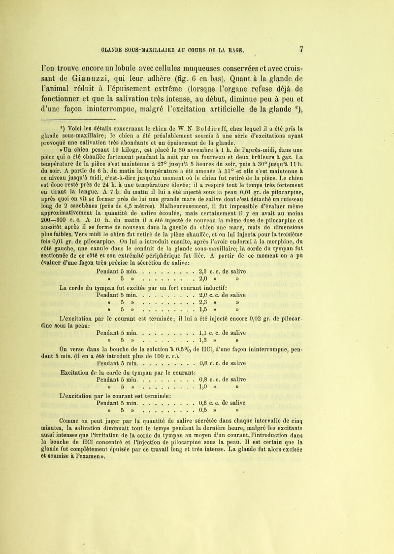l’on trouve encore un lobule avec cellules muqueuses conservées et avec crois- sant de Gianuzzi, qui leur adhère (fig. 6 en bas). Quant à la glande de l’animal réduit à l’épuisement extrême (lorsque l’organe refuse déjà de fonctionner et que la salivation très intense, au début, diminue peu à peu et d’une façon ininterrompue, malgré l’excitation artificielle de la glande *), *) Voici les détails concernant le chien de W. N- Boldireff, chez lequel il a été pris la glande sous-maxillaire; le chien a été préalablement soumis à une série d’excitations ayant provoqué une salivation très abondante et un épuisement de la glande. «Un chien pesant 19 kilogr., est placé le 30 novembre à 1 h. de l’après-midi, dans une pièce qui a été chauffée fortement pendant la nuit par un fourneau et deux brûleurs à gaz. La température de la pièce s’est maintenue à 27° jusqu’à 5 heures du soir, puis à 30° jusqu’à 11 h. du soir. A partie de 6 h. du matin la température a été amenée à 31° et elle s’est maintenue à ce niveau jusqu’à midi, c’est-à-dire jusqu’au moment où le chien fut retiré de la pièce. Le chien est donc resté près de 24 h. à une température élevée; il a respiré tout le temps très fortement en tirant la langue. A 7 h. du matin il lui a été injecté sous la peau 0,01 gr. de pilocarpine, après quoi on vit se former près de lui une grande mare de salive dont s’est détaché un ruisseau long de 2 sazchènes (près de 4,5 mètres). Malheureusement, il fut impossible d’évaluer même approximativement la quantité de salive écoulée, mais certainement il y en avait au moins 200—300 c. c. A 10 h. du matin il a été injecté de nouveau la même dose de pilocarpine et aussitôt après il se forme de nouveau dans la gueule du chien une mare, mais de dimensions plus faibles. Vers midi le chien fut retiré de la pièce chauffée, et on lui injecta pour la troisième fois 0,01 gr. de pilocarpine. On lui a introduit ensuite, après l’avoir endormi à la morphine, du côté gauche, une canule dans le conduit de la glande sous-maxillaire; la corde du tympan fut sectionnée de ce côté et son extrémité périphérique fut liée. A partir de ce moment on a pu évaluer d’une façon très précise la sécrétion de salive: Pendant 5 min 2,3 c. c. de salive » 5 b 2,0 B » La corde du tympan fut excitée par un fort courant inductif: Pendant 5 min 2,0 c. c. de salive b 5 b 2,3 B B B 5 B 1,5 B B L’excitation par le courant est terminée; il lui a été injecté encore 0,02 gr. de pilocar- dine sous la peau: Pendant 5 min 1,1 c. c. de salive b 5 b 1,3 B B On verse dans la bouche de la solution à 0,5% de HCl, d’une façon ininterrompue, pen- dant 5 min. (il en a été introduit plus de 100 c. c.). Pendant 5 min 0,8 c. c. de salive Excitation de la corde du tympan par le courant: Pendant 5 min 0,8 c. c. de salive b 5 b 1,0 B B L’excitation par le courant est terminée: Pendant 5 min 0,6 c. c. de salive b 5 b 0,5 B B Comme on peut juger par la quantité de salive sécrétée dans chaque intervalle de cinq minutes, la salivation diminuait tout le temps pendant la dernière heure, malgré les excitants aussi intenses que l’irritation de la corde du tympan au moyen d’un courant, l’introduction dans la bouche de HCl concentré et l’injection de pilocarpine sous la peau. Il est certain que la glande fut complètement épuisée par ce travail long et très intense. La glande fut alors excisée et soumise à l’examen b.