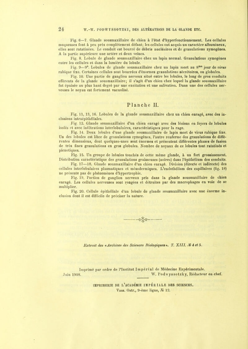 Fig. 6—7. Glande sousmaxillaire de chien à l’état d’hyperfonctionnement. Les cellules muqueuses font à peu près complètement défaut; les cellules ont acquis un caractère albumineux, elles sont ratatinées. Le conduit est bourré de débris nucléaires et de granulations zymogènes. A la partie supérieure une artère et deux veines. Fig. 8. Lobule de glande sousmaxillaire chez un lapin normal. Granulations zymogènes entre les cellules et dans la lumière du lobule. Fig. 9—9a. Lobules de glande sousmaxillaire chez un lapin mort au 8rae jour de virus rabique fixe. Certaines cellules sont bourrées d’énormes granulations sécrétoires, ou globules. Fig. 10. Une partie de ganglion nerveux situé entre les lobules, le long de gros conduits efférents de la glande sousmaxillaire; il s’agit d’un chien chez lequel la glande sousmaxillaire fut épuisée au plus haut degré par une excitation et une salivation. Dans une des cellules ner- veuses le noyau est fortement vacuolisé. Planche II. Fig. 11, 13, 16. Lobules de la glande sousmaxillaire chez un chien enragé, avec des in- clusions intraépitbéliales. Fig. 12. Glande sousmaxillaire d’un chien enragé avec des lésions en foyers de lobules isolés et avec infiltrations interlobulaires, caractéristiques pour la rage. Fig. 14. Deux lobules d’une glande sousmaxillaire de lapin mort de virus rabique fixe. Un des lobules est libre de granulations zymogènes, l’autre renferme des granulations de diffé- rentes dimensions, dont quelques-unes sont énormes et présentent différentes phases de fusion de très fines granulations en gros globules. Nombre de noyaux de ce lobules tout ratatinés et picnotiques. Fig. 15. Un groupe de lobules touchés de cette même glande, à un fort grossissement. Distribution caractéristique des granulations graisseuses (noires) dans l’épithélium des conduits. Fig. 17—18. Glande sousmaxillaire d’un chien enragé. Division (directe et indirecte) des cellules interlobulaires plasmatiques et mésodermiques. L’endothélium des capillaires (fig. 18) ne présente pas de phénomènes d’hypertrophie. Fig. 19. Portion de ganglion nerveux pris dans la glande sousmaxillaire de chien enragé. Les cellules nerveuses sont rongées et détruites par des macrophages en voie de se multiplier. Fig. 20. Cellule épithéliale d’un lobule de glande sousmaxillaire avec une énorme in- clusion dont il est difficile de préciser la nature. — Extrait des « Archives des Sciences Biologiques ». T. XIII. A? 4 et 5. Imprimé par ordre de l’Institut Impérial de Médecine Expérimentale. Juin 1908. W. Podwyssotzky, Rédacteur eu chef. IMPRIMERIE DE L’ACADÉMIE IMPÉRIALE DES SCIENCES. Vass. Ostr., 9-ème ligne, JV° 12.