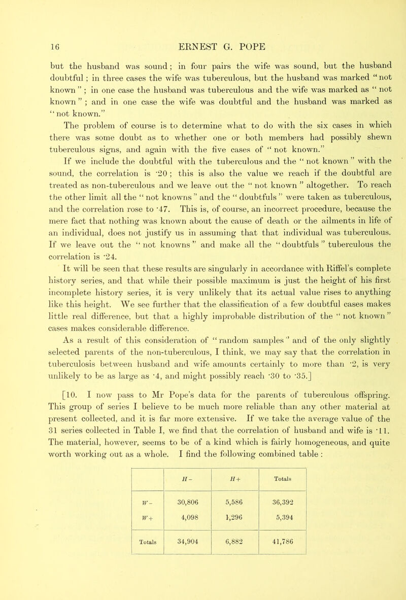 but the husband was sound; in four pairs the wife was sound, but the husband doubtful ; in three cases the wife was tuberculous, but the husband was marked “ not known ” ; in one case the husband was tuberculous and the wife was marked as “ not known ” ; and in one case the wife was doubtful and the husband was marked as “ not known.” The problem of course is to determine what to do with the six cases in which there was some doubt as to whether one or both members had possibly shewn tuberculous signs, and again with the five cases of “ not known.” If we include the doubtful with the tuberculous and the “ not known ” with the sound, the correlation is '20 ; this is also the value we reach if the doubtful are treated as non-tuberculous and we leave out the “ not known ” altogether. To reach the other limit all the “ not knowns ” and the “ doubtfuls ” were taken as tuberculous, and the correlation rose to *47. This is, of course, an incorrect procedure, because the mere fact that nothings was known about the cause of death or the ailments in life of an individual, does not justify us in assuming that that individual was tuberculous. If we leave out the “ not knowns ” and make all the “ doubtfuls ” tuberculous the correlation is ’24. It will be seen that these results are singularly in accordance with Riffel’s complete history series, and that while their possible maximum is just the height of his first incomplete history series, it is very unlikely that its actual value rises to anything like this height. We see further that the classification of a few doubtful cases makes little real difference, but that a highly improbable distribution of the “ not known ” cases makes considerable difference. As a result of this consideration of “random samples” and of the only slightly selected parents of the non-tuberculous, I think, we may say that the correlation in tuberculosis between husband and wife amounts certainly to more than ‘2, is very unlikely to be as large as ’4, and might possibly reach ‘30 to *35.] [10. I now pass to Mr Pope’s data for the parents of tuberculous offspring. This group of series I believe to be much more reliable than any other material at present collected, and it is far more extensive. If we take the average value of the 31 series collected in Table I, we find that the correlation of husband and wife is *11. The material, however, seems to be of a kind which is fairly homogeneous, and quite worth working out as a whole. I find the following combined table : H- H + Totals w - 30,806 5,586 36,392 w+ 4,098 1,296 5,394 Totals 34,904 6,882 41,786