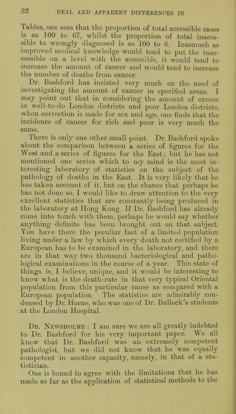 Tables, one sees that the proportion of total accessible cases is as 100 to 07, whilst the proportion of total inaces- sible to wrongly diagnosed is as 100 to 6. Inasmuch as improved medical knowledge would tend to put the inac- cessible on a level with the accessible, it would tend to increase the amount of cancer and would tend to increase the number of deaths from cancer. Dr. Bashford has insisted very much on the need of investigating the amount of cancer in specified areas. I may point out that in considering the amount of cancer in well-to-do London districts and poor London districts, when correction is made for sex and age, one finds that the incidence of cancer for rich and poor is very much the same. There is only one other small point. Dr. Bashford spoke about the comparison between a series of figures for the West and a series of figures for the East; but he has not mentioned one series which to my mind is the most in- teresting laboratory of statistics on the subject of the pathology of deaths in the East. It is very likely that he has taken account of it, but on the chance that perhaps he has not done so, I would like to draw attention to the very excellent statistics that are constantly being produced in the laboratory at Hong Kong. If Dr. Bashford has already come into touch with them, perhaps he would say whether anything definite has been brought out on that subject. You have there the peculiar fact of a limited population living under a law by which every death not certified by a European has to be examined in the laboratory, and there are in that way two thousand bacteriological and patho- logical examinations in the course of a year. This state of things is, I believe, unique, and it would be interesting to know what is the death-rate in that very t}^pical Oriental population from this particular cause as compared with a European population. The statistics are admirably con- densed by Dr. Horne, who was one of Dr. Bullock’s students at the London Hospital. Dr. Newsholme : I am sure we are all greatly indebted to Dr. Bashford for his very important paper. We all knew that Dr. Bashford was an extremely competent pathologist, but we did not know that he was equally competent in another capacity, namely, in that of a sta- tistician. One is bound to agree with the limitations that he has made so far as the application of statistical methods to the