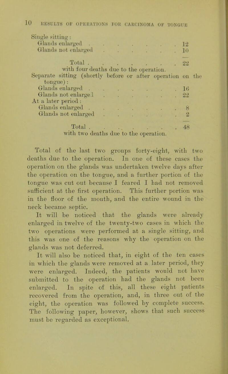 Single sitting : G-lauds enlarged . . . . , . .12 Glands not enlarged . . . . . .10 Total 22 with four deaths due to the operation. Separate sitting (shortly before or after operation on the tongue) : Glands enlarged . . . . . . .10 Glands not enlarged ...... 22 At a later period : Glands enlarged ....... 8 Glands not enlarged ...... 2 Total . . . . . . .48 with two deaths due to the operation. Total of the last two groups forty-eight, with two deaths due to the operation. In one of these cases the operation on the glands was undertaken twelve days after the operation on the tongue, and a further portion of the tongue was cut out because I feared I had not removed sufficient at the first operation. This further portion was in the floor of the mouth, and the entire wound in the neck became septic. It will be noticed that the glands were already enlarged in twelve of the twenty-two cases in which the two operations were performed at a single sitting, and this was one of the reasons why the operation on the glands was not deferred. It will also be noticed that, in eight of the ten cases in which the glands were removed at a later period, they were enlarged. Indeed, the patients would not have submitted to the operation had the glands not been enlarged. In spite of this, all these eight patients recovered from the operation, and, in three out of the eight, the operation was followed by complete success. The following paper, however, shows that such success must be regarded as exceptional.