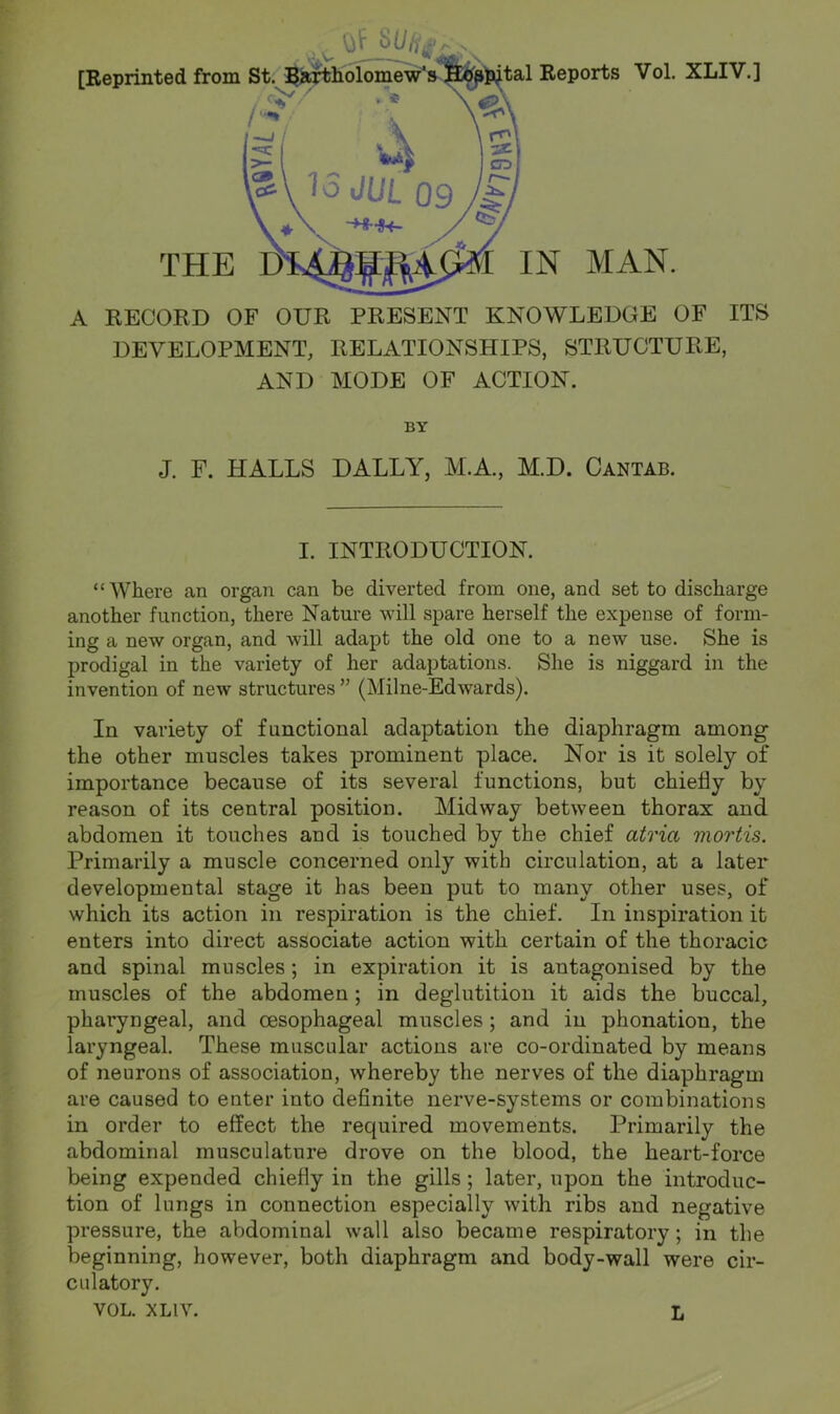 A RECORD OF OUR PRESENT KNOWLEDGE OF ITS DEVELOPMENT, RELATIONSHIPS, STRUCTURE, AND MODE OF ACTION. BY J. F. HALLS DALLY, M.A., M.D. Cantab. I. INTRODUCTION. “Where an organ can be diverted from one, and set to discharge another function, there Nature will spare herself the expense of form- ing a new organ, and will adapt the old one to a new use. She is prodigal in the variety of her adaptations. She is niggard in the invention of new structures ” (Milne-Edwards). In variety of functional adaptation the diaphragm among the other muscles takes prominent place. Nor is it solely of importance because of its several functions, but chiefly by reason of its central position. Midway between thorax and, abdomen it touches and is touched by the chief atria mortis. Primarily a muscle concerned only with circulation, at a later developmental stage it has been put to many other uses, of which its action in respiration is the chief. In inspiration it enters into direct associate action with certain of the thoracic and spinal muscles; in expiration it is antagonised by the muscles of the abdomen; in deglutition it aids the buccal, pharyngeal, and oesophageal muscles; and in phonation, the laryngeal. These muscular actions are co-ordinated by means of neurons of association, whereby the nerves of the diaphragm are caused to enter into definite nerve-systems or combinations in order to effect the required movements. Primarily the abdominal musculature drove on the blood, the heart-force being expended chiefly in the gills; later, upon the introduc- tion of lungs in connection especially with ribs and negative pressure, the abdominal wall also became respiratory; in the beginning, however, both diaphragm and body-wall were cir- culatory. VOL. XLIV. L