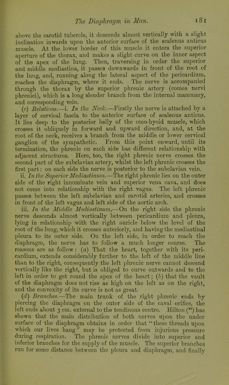above the carotid tubercle, it descends almost vertically with a slight inclination inwards upon the anterior surface of the scalenus auticus muscle. At the lower border of this muscle it enters the superior aperture of the thorax, and makes a slight curve on the inner aspect of the apex of the lung. Then, traversing in order the superior and middle mediastina, it passes downwards in front of the root of the lung, and, running along the lateral aspect of the pericardium, reaches the diaphragm, where it ends. The nerve is accompanied through the thorax by the superior phrenic artery (comes nervi phrenici), which is a long slender branch from the internal mammary, and corresponding vein. (c) Relatinns.—i. In the Neck.—Firstly the nerve is attached by a layer of cervical fascia to the anterior surface of scalenus anticus. It lies deep to the posterior belly of the omo-hyoid muscle, which crosses it obliquely in forward and upward direction, and, at the root of the neck, receives a branch from the middle or lower cervical ganglion of the sympathetic. From this point onward, until its termination, the phrenic on each side has different relationship with adjacent structures. Here, too, the right phrenic nerve crosses the second part of the subclavian artery, whilst the left phrenic crosses the first part; on each side the nerve is posterior to the subclavian vein. ii. In the Superior Mediastinum.—The right phrenic lies on the outer side of the right innominate vein and superior vena cava, and does not come into relationship with the right vagus. The left phrenic passes between the left subclavian and carotid arteries, and crosses in front of the left vagus and left side of the aortic arch. iii. In the Middle Mediastinum.—On the right side the phrenic nerve descends almost vertically between pericardium and pleura, lying in relationship with the right auricle below the level of the root of the lung, which it crosses anteriorly, and having the mediastinal pleura to its outer side. On the left side, in order to reach the diaphragm, the nerve has to follow a much longer course. The reasons are as follow: (a) That the heart, together with its peri- cardium, extends considerably further to the left of the middle line than to the right, consequently the left phrenic nerve cannot descend vertically like the right, but is obliged to curve outwards and to the left in order to get round the apex of the heart; (/>) that the vault of the diaphragm does not rise as high on the left as on the right, and the convexity of its curve is not as great. (d) Branches.—The main trunk of the right phrenic ends by piercing the diaphragm on the outer side of the caval orifice, the left ends about 3 cm. external to the tendinous centre. Hilton (^“) has shown that the main distribution of both nerves upon the under surface of the diaphragm obtains in order that “ these threads upon which our lives hang” may be protected from injurious pressure during respiration. The phrenic nerves divide into suj)erior and inferior branches for the supply of the muscle. The superior branches run for some distance between the pleura a)id dia})liragm, and finally