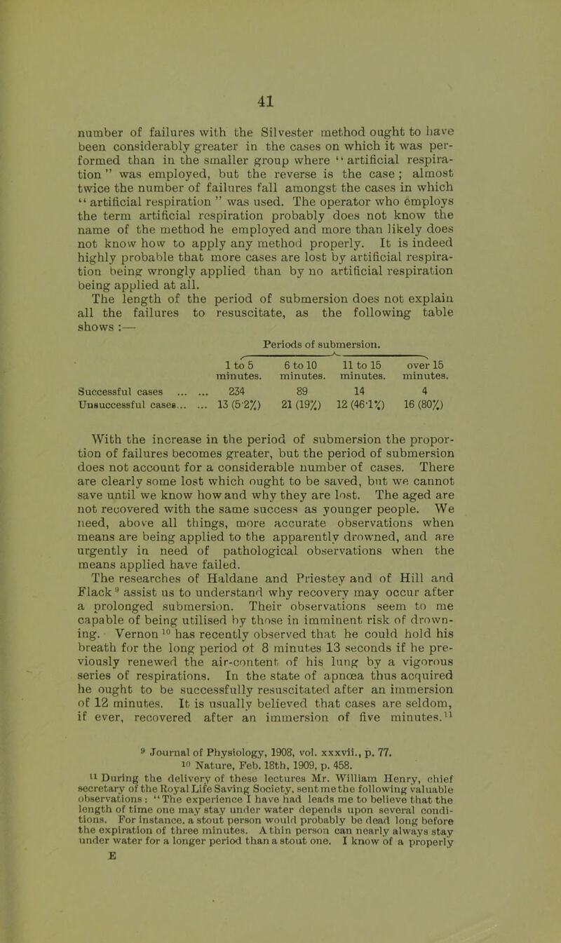 number of failures with the Silvester method ought to have been considerably greater in the cases on which it was per- formed than in the smaller group where “artificial respira- tion ” was employed, but the reverse is the case ; almost twice the number of failures fall amongst the cases in which “ artificial respiration ” was used. The operator who employs the term artificial respiration probably does not know the name of the method he employed and more than likely does not know how to apply any method properly. It is indeed highly probable that more cases are lost by artificial respira- tion being wrongly applied than by no artificial respiration being applied at all. The length of the period of submersion does not explain all the failures to resuscitate, as the following table shows :— Successful cases Unsuccessful cases... Periods of submersion. , * 1 to 5 6 to 10 11 to 15 minutes. minutes, minutes. N over 15 minutes. 234 89 14 4 13(52%) 21(19%) 12(46-1%) 16(80%) With the increase in the period of submersion the propor- tion of failures becomes greater, but the period of submersion does not account for a considerable number of cases. There are clearly some lost which ought to be saved, but we cannot save until we know how and why they are lost. The aged are not recovered with the same success as younger people. We need, above all things, more accurate observations when means are being applied to the apparently drowned, and are urgently in need of pathological observations when the means applied have failed. The researches of Haldane and Priestev and of Hill and Flack9 assist us to understand why recovery may occur after a prolonged submersion. Their observations seem to me capable of being utilised by those in imminent risk of drown- ing. Vernon 10 has recently observed that he could hold his breath for the long period of 8 minutes 13 seconds if he pre- viously renewed the air-content of his lung by a vigorous series of respirations. In the state of apnoea thus acquired he ought to be successfully resuscitated after an immersion of 12 minutes. It is usually believed that cases are seldom, if ever, recovered after an immersion of five minutes.11 9 Journal of Physiology, 1908, vol. xxxvii., p. 77. io Nature, Feb. 18th, 1909, p. 458. 11 During the delivery of these lectures Mr. William Henry, chief secretary of the Royal Life Saving Society, sentmetho following valuable observations : “The experience I have had leads me to believe that the length of time one may stay under water depends upon several condi- tions. For instance, a stout person would probably be dead long before the expiration of three minutes. A thin person can nearly always stay under water for a longer period than a stout one. I know of a properly £