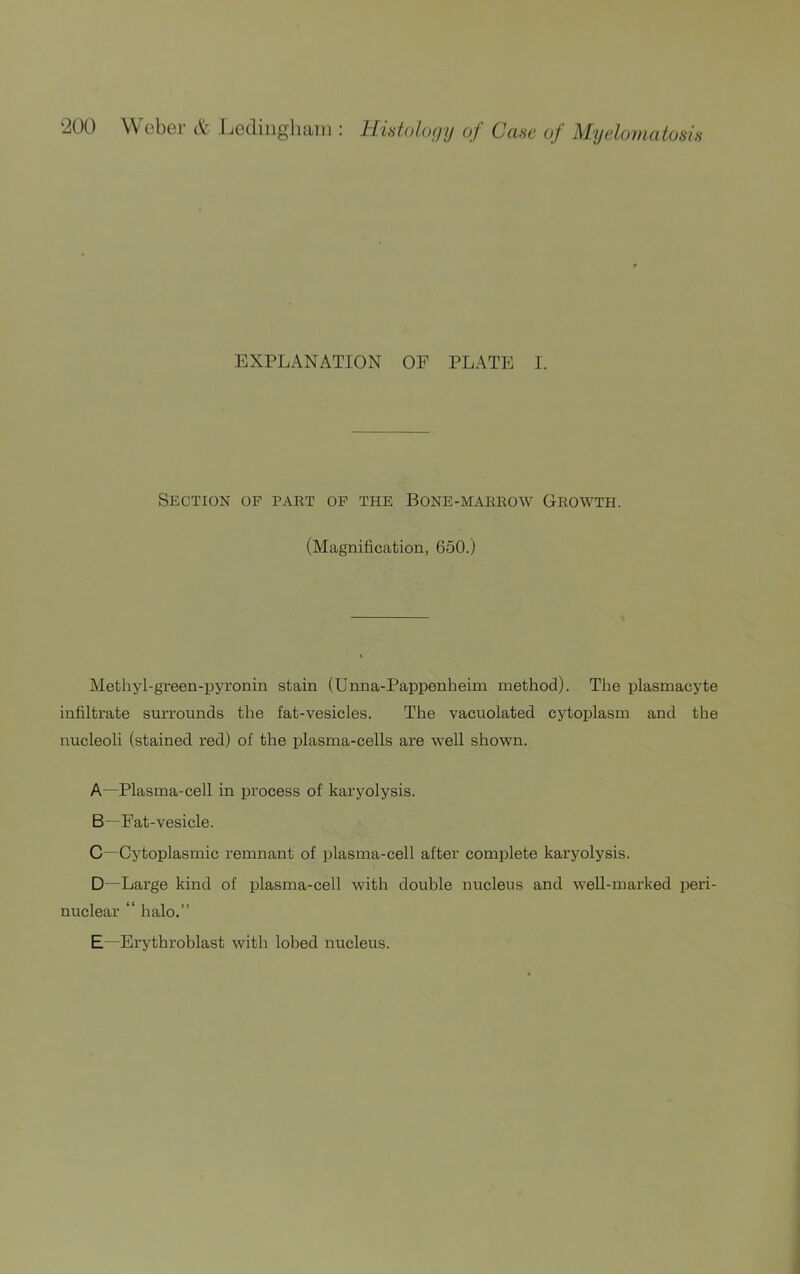 EXPLANATION OF PLATE I. Section of part of the Bone-marrow Growth. (Magnification, 650.) Methyl-green-pyronin stain (Unna-Pappenheim method). The plasmacyte infiltrate surrounds the fat-vesicles. The vacuolated cytoplasm and the nucleoli (stained red) of the plasma-cells are well shown. A—Plasma-cell in process of karyolysis. B—Fat-vesicle. C—Cytoplasmic remnant of plasma-cell after complete karyolysis. D—Large kind of plasma-cell with double nucleus and well-marked peri- nuclear “ halo.” E -Erythroblast with lobed nucleus.