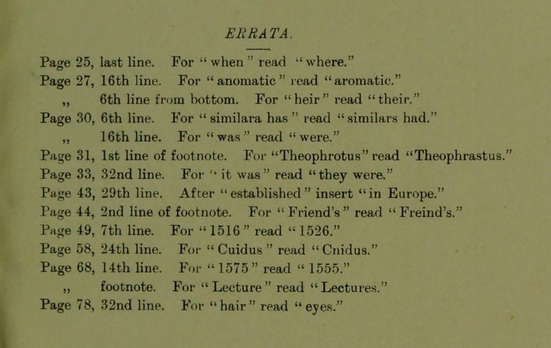 ERRATA. Page 25, last line. For “ when ” read “ where.” Page 27, 16th line. For “anoiuatic” read “aromatie.” „ 6th line from bottom. For “ heir ” read “ their.” Page 30, 6th line. For “ similara has ” read “ similars had.” „ 16th line. For “was” read “were.” Page 31, 1st line of footnote. For “Theophrotus” read “Theophrastus.” Page 33, 32nd line. For “ it was” read “they were.” Page 43, 29th line. After “established” insert “in Europe.” Page 44, 2nd line of footnote. For “Friend’s” read “ Freind’s.” Page 49, 7th line. For “ 1516 ” read “ 1526.” Page 58, 24th line. For “ Cuidus ” read “Cnidus.” Page 68, 14th line. For “ 1575” read “ 1555.” „ footnote. For “Lecture” read “Lectures.”