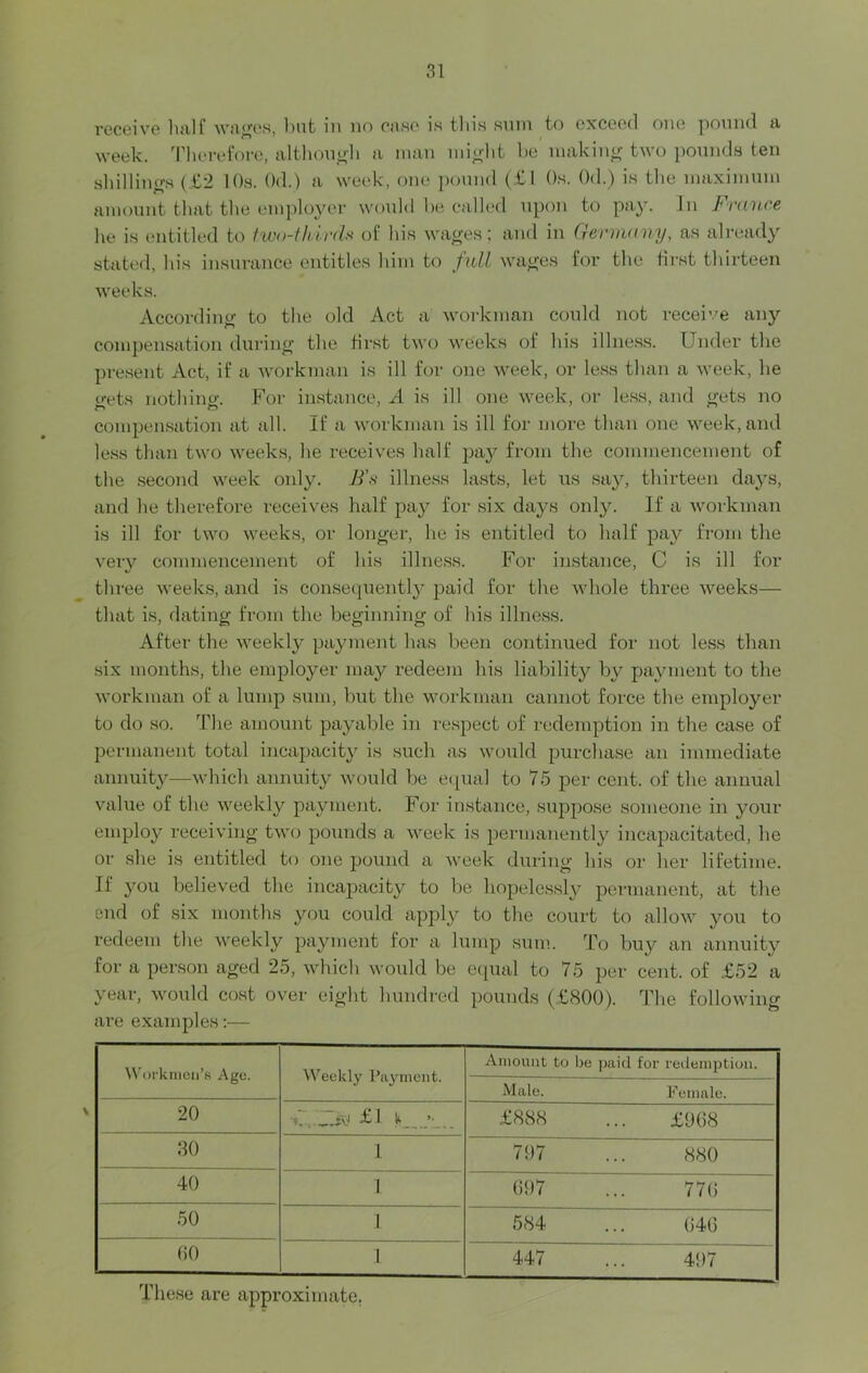 receive half wages, hut in no case is this sum to exceed one pound a week. Therefore, although a man might he making two pounds ten shillings (£2 10s. Od.) a week, one pound (£1 Os. Od.) is the maximum amount that the employer would be called upon to pay. In France he is entitled to two-thirds of his wages; and in Germany, as already stated, his insurance entitles him to full wages for the first thirteen weeks. According to the old Act a workman could not receive any compensation during the first two weeks of his illness. Under the present Act, if a workman is ill for one week, or less than a week, he gets nothing. For instance, A is ill one week, or less, and gets no compensation at all. If a workman is ill for more than one week,and less than two weeks, he receives half pay from the commencement of the second week only. B’s illness lasts, let us say, thirteen days, and he therefore receives half pay for six days only. If a workman is ill for two weeks, or longer, he is entitled to half pay from the very commencement of his illness. For instance, C is ill for three weeks, and is consequently paid for the whole three weeks— that is, dating from the beginning of his illness. After the weekly payment has been continued for not less than six months, the employer may redeem his liability by payment to the workman of a lump sum, but the workman cannot force the employer to do so. The amount payable in respect of redemption in the case of permanent total incapacity is such as would purchase an immediate annuity—which annuity would be equal to 75 per cent, of the annual value of the weekly payment. For instance, suppose someone in your employ receiving two pounds a week is permanently incapacitated, he or she is entitled to one pound a week during his or her lifetime. If you believed the incapacity to be hopelessly permanent, at the end of six months you could apply to the court to allow you to redeem the weekly payment for a lump sum. To buy an annuity for a person aged 25, which would be equal to 75 per cent, of £52 a year, would cost over eight hundred pounds (£800). The following are examples:— Workmen’s Age. Weekly Payment. Amount to be paid for redemption. Male. Female. 20 ~~fel £1 k ’■ £888 £968 30 1 797 880 40 1 697 776 50 1 584 646 60 1 447 497 These are approximate.