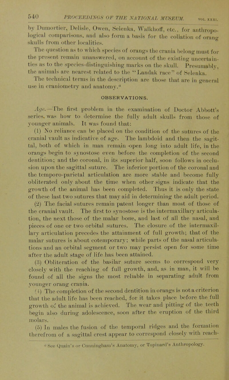 l‘R()i'KKl)L\(;s OF THE XATIONAL MUSEUM. VOL. XXXI. l)y DiimoitiiM-, l).>lisl(>, Owoii, Scleiika, Wallvholl', (>tc.. for aiitliropo loj^-ical cuinparisoMs, and also form a liasis for tin', collation of oraiijr skulls from other localities. 'Iho (luestion as to which sjuades of oranos the crania belong must for the present remain imanswc'nal, on account of the e.\i.stinj( uncertain- ties as to the species-distinj>uishing- marks on the skull, Ih-esumahlv, the animals are nearest related to th(> ‘’Landak race” (d‘ Selenka, 'i'he teehnical terms in the d(!scrii)tiou an>. tho.se that are in {,^eneral u.se in craniometry and anatomy. OBSERVATIONS. A(/e.—The first i)rol)lem in the (i.xamination of Doctor Abbott’s serie.s. was how to determine the fully adult .skulls from those of younii’er aiiimalk. It was found that: (1) No reliance can be placed on the condition of the sutui-es of the ci'anial vault a.s indicative of age. 4'he lambdoid and then the sagit- tal, both of which in man remain -open long into adult life, in the orangs begin to synosto.se even before the completion of the second dentition; and the coronal, in its .superior half, .soon follows in occlu- sion upon the sagittal suture. The inferior portion of the coronal and the teniporo-parietal articulation are more stal)le and become full}’^ obliterated oidy about the time when other signs indicate that the growth of the animal has been completed. Thus it is otdy the state of the.se last two sutures that may aid in determining the adult period. (2) The facial sutures remain patent longer than most of those of the cranial vault. The first to synostose is the intermaxillary articula- tion, the next those of the malar bone, and last of all the na.sal, and pieces of one or two orbital sutures. The closure of the intermaxil- lary articulation precedes the attainment of fidl growth; that of the malar sutures is about cotemporary; while parts of the nasal articula- tions and an orbital segment or two may persist open for some time after the adult stage of life has been attained. (3) Obliteration of the basilar suture seems to correspond very clo.sely with the reaching of full growth, and, as in man, it will be found of all the signs the most reliable in separating adult from younger orang crania. (I) The completion of the second dentition in orangs is not a criterion that the adult life has been I’cachcd, for it takes place before the full growth of the animal is achieved. The wear and pitting of the teeth begin also during adole.scence, .soon after the eruption of the third molars. (5) In males the fu.sion of the temporal ridges and the formation therefrom of a sagittal crest ajipear to correspond closely with reach-  See (^uain’s or Cnnninghain’.s Anatomy, or Topinard’y Antliropolog}'.