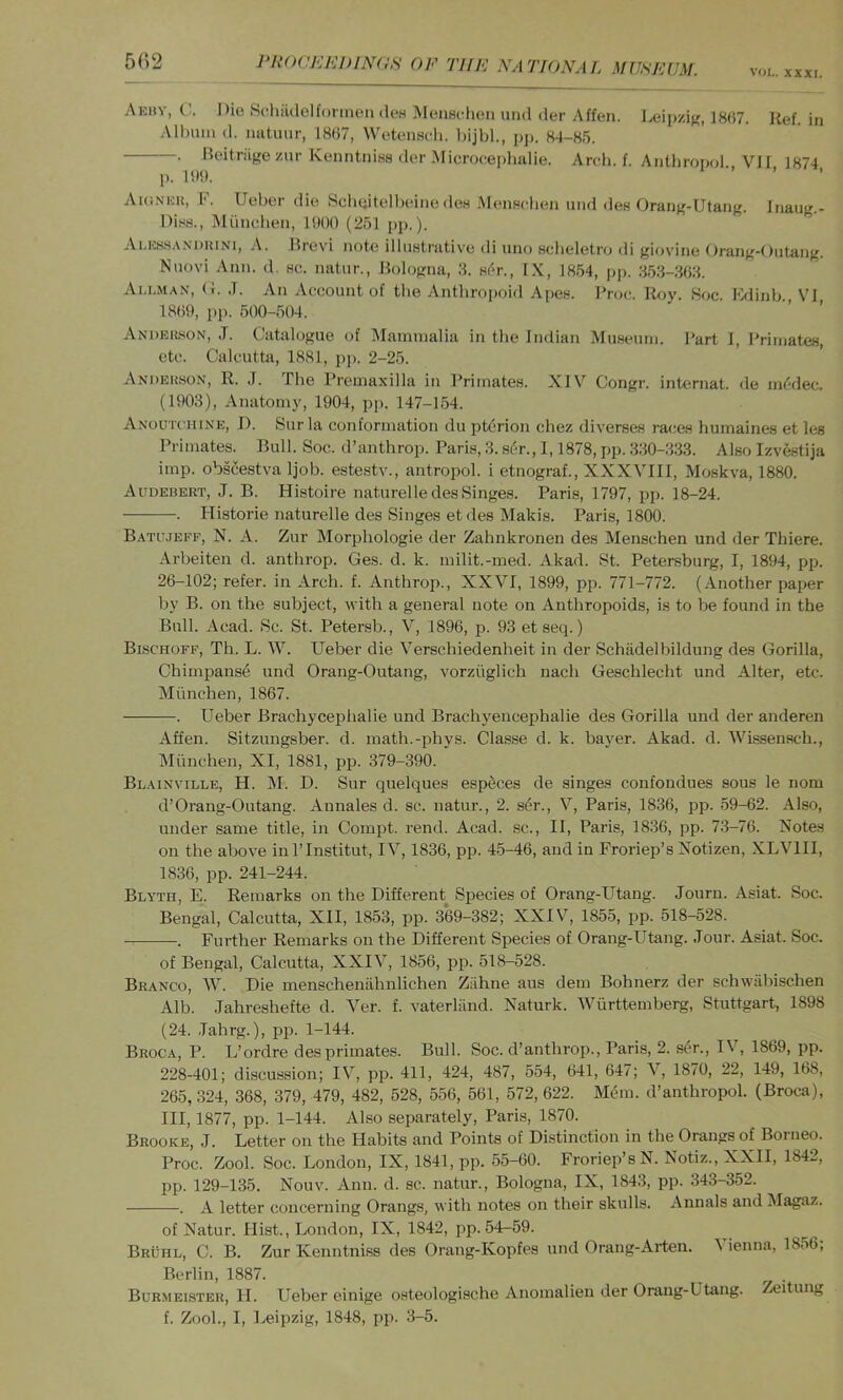 VOL. XXXI. Aehy, C. Die Scliildelfonneii den Mensclien iind der Affen. Leipzig, 18((7. Ref. in Alimm d. imtiuir, 18(57, Wetenscli. bijbl., pji. 84-85. . Beitriigezur KenntniHsderMicroeepbalie. Arch. f. Antliropol VII 1874 p. 199. 1 . Aui.NMcn, F. Ueber die Scheitellieine deH .MeiiHcben und deH Orang-Utang. Inaug.- Diss., Miinchen, 1900 (251 jip.). Ai.ks.sa.n'1)Iiini, a. Rrevi note illiiHtrative di uno Hclieletro di giovine Orang-(lutang. Nnovi Ann. d. sc. natiir., Bologna, 8. hi't., IX, 1854, pj). 853-3()8. Au.man, (b .1. An Account of tlie Anthropoid Apes. I’roc. Roy. Hoc. Edinb. VI 18(59, ])p. 500-504. Anderson, J. Catalogue of Mammalia in the Indian Museum. I’art I, I'rimates, etc. Calcutta, 1881, jiji. 2-25. Ani)eu.son, R. ,T. The Premaxilla in Primates. XIV Congr. internat. de mt'-dec. (15)03), Anatomy, 1904, pp. 147-1.54. Anoutcuine, D. Surla conformation du ptfirion chez diverses races humaines et les Primates. Bull. Soc. d’anthrop. Paris, 3. s^r., 1,1878, pp. 330-333. Also Izvestija imp. obscestva Ijob. estestv., antropol. i etnograf., XXXYIIl, Moskva, 1880. Audebeet, .1. B. Histoire naturelledes Singes. Paris, 1797, pp. 18-24. . Historie naturelle des Singes etdes Makis. Paris, 1800. Batujeff, N. a. Zur Morphologic der Zahnkronen des Menschen und der Thiere. Arbeiten d. anthrop. Ges. d. k. milit.-med. Akad. St. Petersburg, I, 1894, pp. 26-102; refer, in Arch. f. Anthrop., XXVI, 1899, pp. 771-772. (Another paper by B. on the subject, with a general note on Anthropoids, is to be found in the Bull. Acad. Sc. St. Petersb., V, 1896, p. 93 et seq.) Bischoff, Th. L. W. Ueber die Verschiedenheit in der Schiidelbildung des Gorilla, Chimpanse und Orang-Outang, vorziiglich nach Geschlecht und Alter, etc. Miinchen, 1867. . Ueber Brachycei^halie und Brachyeucephalie des Gorilla und der anderen Affen. Sitzungsber. d. math.-phys. Clas.se d. k. bayer. Akad. d. Wissensch., IMiinchen, XI, 1881, pp. 379-390. Blainville, H. M. D. Sur quelques espiices de singes confondues sous le nom d’Orang-Outang. Aunales d. sc. natur., 2. s4r., V, Paris, 1836, pp. .59-62. Also, under same title, in Compt. rend. Acad, sc., II, Paris, 1836, pp. 73-76. Notes on the above inPInstitut, IV, 1836, pp. 4.5-46, and in Froriep’s Notizen, XLVIII, 1836, pp. 241-244. Blyth, E. Remarks on the Different Species of Orang-Utang. Journ. A.siat. Soc. Bengal, Calcutta, XII, 1853, pp. 369-382; XXIV, 1855, pp. 518-528. . Further Remarks on the Different Species of Orang-Utang. .Tour. Asiat. Soc. of Bengal, Calcutta, XXIV, 1856, pp. 518-528. Branco, W. Die menschenahnlichen Ziihne aus dem Bohnerz der schwiibischen Alb. .lahreshefte d. Ver. f. vaterland. Naturk. Wurttemberg, Stuttgart, 1898 (24. .Tahrg.), pp. 1-144. Broca, P. L’ordre des primates. Bull. Soc. d’anthrop., Paris, 2. s^r., IV, 1869, pp. 228-401; discussion; IV, pp. 411, 424, 487, 554, 641, 647; \, 1870, 22, 149, 168, 265, 324, 368, 379, 479, 482, 528, 556, 561, 572, 622. M^m. d’anthropol. (Broca), III, 1877, pp. 1-144. Also separately, Paris, 1870. Brooke, J. Letter on the Habits and Points of Distinction in the Orangs of Borneo. Proc. Zool. Soc. London, IX, 1841, pp. 55-60. Froriep’s N. Notiz., XXII, 1842, pp. 129-135. Nouv. Ann. d. sc. natur., Bologna, IX, 1843, pp. 343-352. . A letter concerning Orangs, with notes on their skulls. Annals and Magaz. of Natur. Hist., London, IX, 1842, pp. 54-59. Bruhl, C. B. Zur Kenntniss des Orang-Kopfes und Orang-Arten. Vienna, 1856; Berlin, 1887. ^ . Burmelster, II. Ueber einige osteologische Anomalien der Orang-Utang. Zeitung f. Znoh, I, Leipzig, 1848, pp. 3-5.