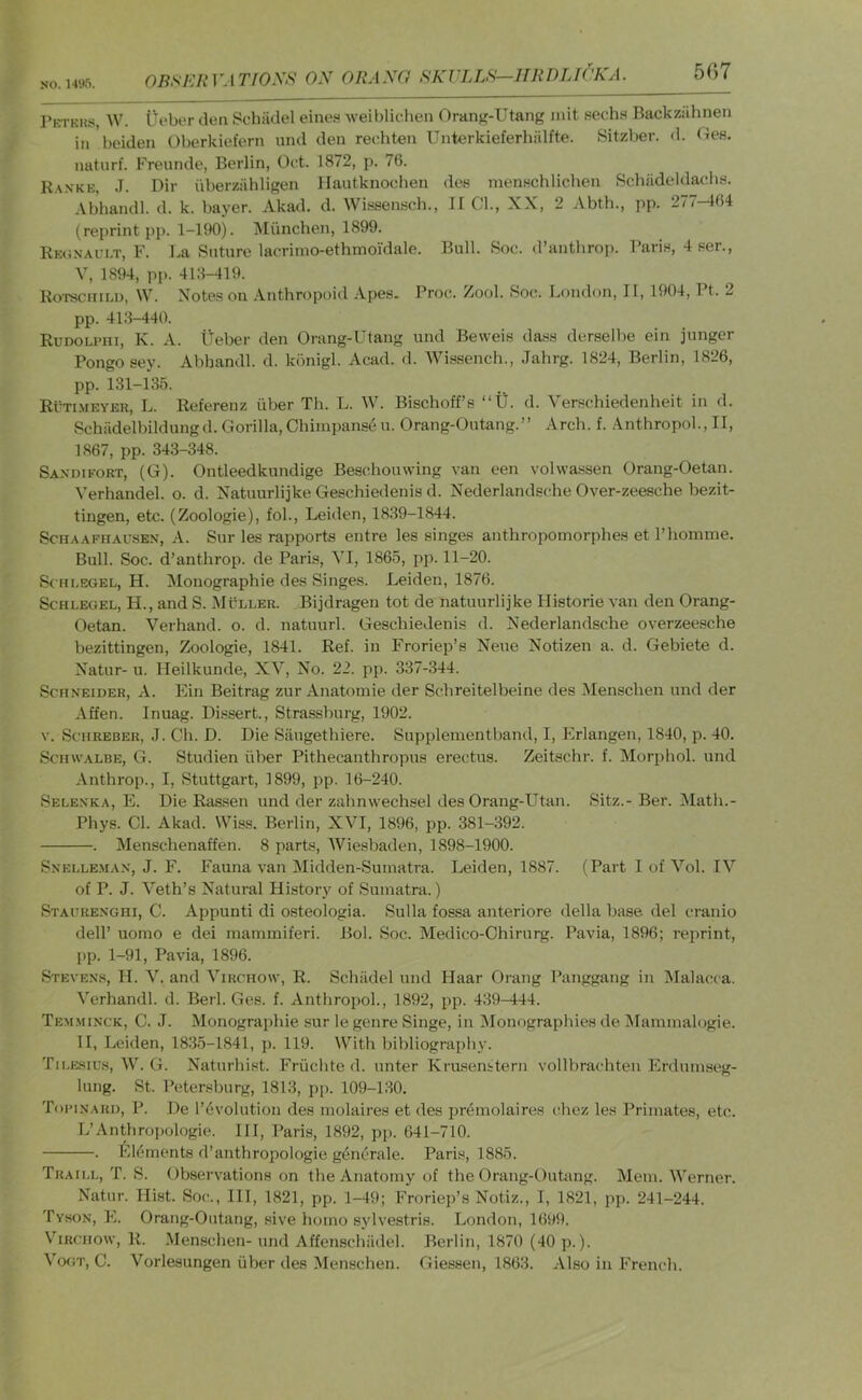 NO. 1495. OBSEIiVATfOXS OX ORAXG BKVLLS—HRDLlC'KA. rETKKs, W. Oeber den Schiidel eine.s weiblichen Orang-Utang mit sechs Backziihnen in beiden Oberkiefern und den reehten Unterkieferhiilfte. Sitzber. d. Oes. naturf. Freunde, Berlin, Oct. 1872, p. 76. R.\n'ke, J. Dir iiberziihligen Hautknochen des menHchlichen SchiideldaoliH. Abhandl. d. k. bayer. Akad. d. Wisaensch., II Cl., XX, 2 Abth., pp. 277-464 (reprint pp. 1-190). Miinchen, 1899. Rk<;naui.t, F. La Suture lacrimo-ethmoidale. Bull. Soc. d’antlirop. Paria, 4aer., V, 1894, pp. 418-419. Rotsciiiu), \V. Notes on Anthropoid Apes. Proc. Zool. Soc. London, II, 1904, Pt. 2 pp. 41.8-440. RuDOLPni, K. A. iieber den Orang-Utang und Beweis dass derselbe ein junger Pongosey. Abhandl. d. konigl. Acad. d. Wissench., Jahrg. 1824, Berlin, 1826, pp. 131-135. R0TI.MEYER, L. Referenz iiber Th. L. W. Bischoff’s “U. d. Venschiedenheit in d. Schiidelbildungd. Gorilla, Chimpanse u. Orang-Outang.” Arch. f. Anthropol., II, 1867, pp. 343-348. Sandifort, (G). Ontleedkundige Beachouwing van een volwassen Orang-Oetan. Verhandel. o. d. Natuurlijke Geschiedenis d. Nederlandsche Over-zeesche bezit- tingen, etc. (Zoologie), fob, Leiden, 1839-1844. ScnAAFHAUsEN, A. Sur les rapports entre les singes anthropomorphea et riiomme. Bull. Soc. d’anthrop. de Paria, YI, 1865, pp. 11-20. Scin.EGEL, H. Monographie des Singes. Leiden, 1876. ScHLEGEL, H., and S. Muller. Bijdragen tot de natuurlijke Ilistorie van den Orang- Oetan. Verhand. o. d. natuurl. Geschiedenis d. Nederlandsche overzeesche bezittingen, Zoologie, 1841. Ref. in Froriep’a Neue Notizen a. d. Gebiete d. Natur- u. lleilkunde, XV, No. 22. pp. 337-344. Schneider, A. Ein Beitrag zur Anatomie der Schreitelbeine des Menschen und der .Vffen. Inuag. Dissert., Strassburg, 1902. V. ScHREBER, J. Cli. D. Die Siiugethiere. Supplementband, I, Flrlangen, 1840, p. 40. Schwalbe, G. Studien iiber Pithecanthropus erectus. Zeitschr. f. Morphol. und Anthrop., I, Stuttgart, 1899, pp. 16-240. Selenka, E. Die Rassen und der zahnwechsel des Orang-Utan. Sitz.- Ber. Math.- Phys. Cl. Akad. Wiss. Berlin, XVI, 1896, pp. 381-392. . Menschenaffen. 8 parts, Wiesbaden, 1898-1900. Snelle.man, J. F. Fauna van Midden-Suinatra. Leiden, 1887. (Part 1 of Vol. IV of P. J. Veth’s Natural History of Sumatra.) Staurenghi, C. Appunti di osteologia. Sulla fossa anteriore della base del cranio deir uomo e dei inammiferi. Bol. Soc. Medico-Ohirurg. Pavia, 1896; reprint, pp. 1-91, Pavia, 1896. Stevens, H. V. and Virchow, R. Schiidel und Haar Orang Panggang in IMalacca. Verhandl. d. Berl. Ges. f. Anthropol., 1892, pp. 439-444. Te.m.minck, C. j. Monographie sur le genre Singe, in Monographies de lilammalogie. II, Leiden, 1835-1841, p. 119. With bibliography. Tii.esius, W. G. Naturhi.st. Friichte d. unter KruseiiHern vollbrachten Erduinseg- lung. St. Petersburg, 1813, pp. 109-130. Toi'inard, P. De I’evolution des molaires et des premolaires c4iez les Primates, etc. L’Anthroi)ologie. Ill, Paris, 1892, pp. 641-710. . ^ikirnents d’anthropologie g^ncrale. Paris, 1885. Traill, T. S. Observations on the Anatomy of the Orang-Outang. Mem. Werner. Natur. Hist. Soc., Ill, 1821, pp. 1-49; Froriep’s Notiz., I, 1821, pp. 241-244. Tyson, FI. Orang-Outang, sive homo sylvestris. London, 1699. Virchow, R. Menschen- und Affenschiidel. Berlin, 1870 (40 p.). Vogt, C. Vorlesungen iiber des Menschen. Giessen, 1863. Also in French.