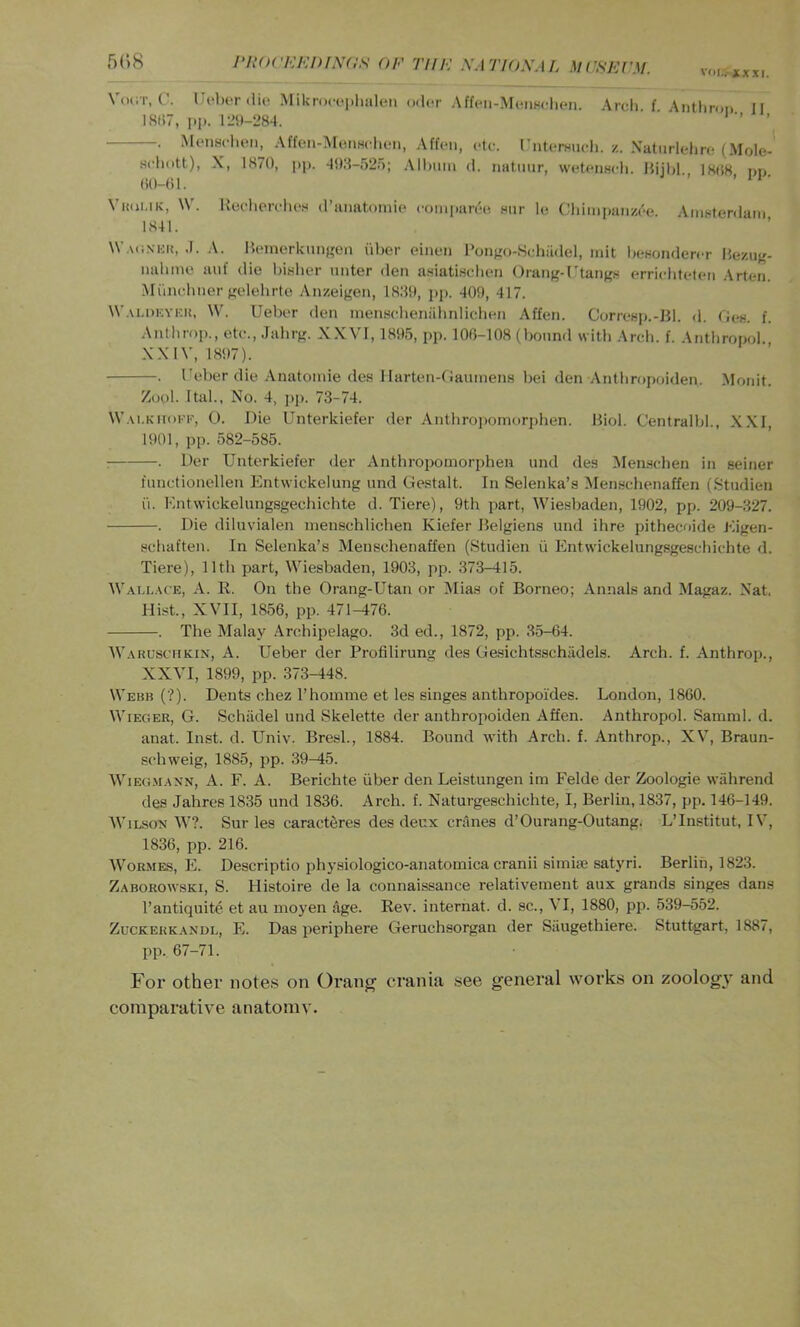 VOI,'.- JtXXI. r>()8 riiO('KKniN(lS OF TllF XATIOXAL MFSFl'M. V()(iT, (’. I'Hht (lit! Mikrocc*iilialeii Oder Affen-.Mt*nKchen. Arch f Anthroi) II 18(17, i>p. lL'{)-284. ’ . McnHclicii, Affcn-MoiiHcluMi, Affcn, etc. (’iitcrHudi. z. Natiirlehrc (Mole- si'hott), X, 1870, pp. 408-52.); Allmiu <1, nat.mir, wcteiiHcli. Hijhl 1808 du ()(M)1. ’ **■ VimuK, \y. Kcchorcliw d’anatomie coiuparcc, Hiir Ic Chim|)aMZ('e Aiiinterdaiii 1841. Wau.vkk, .1. .V. licincrkmijren iiber (niien I’onfjo-Schildel, mil hcHondercr Hczuk- imhine aiil' die la.sher nnter den asiatisclien Orang-rtang.s erriclitcdeii Arten. Miincliiier fielehrto Anzeigen, 1880, pp. 409, 417. W.vLDKYiCK, \y. Ueber den mensclienahniicben Affen. CorrcHi).-Bl. d. TicH. f. Anthrop., etc., .lalirfr. X.XVl, 1805, pp. 100-108 (bound witli Arch. f. Antliropol XXIV, 1807). . I’eber die Anatomie de.s 1 larten-flaumens bei den Antbropoiden. .Moiiit. Zool. Ital., No. 4, ])p. 73-74. W.vi.KimKF, 0. Die Unterkiefer der Anthropomorj)hen. Hiol. Centralbl., X.Xl, 1901, pp. 582-585. : . Der Unterkiefer der Anthropomorphen und des Men.schen in seiner functionellen Entwickelung und Gestalt. In Seleiika’s Menschenaffen (.Studien ii. I'.ntwickelungsgechichte d. Tiere), 9th part, Wie.«l)aden, 1902, pp. 209-827. . Die diluvialen menschlichen Kiefer Relgiens und ihre pithecoide Kigen- schaften. In Selenka’s Menschenaffen (Studien ii Entvvickelung.sgeschichte d. Tiere), 11th part, Wiesbaden, 1903, pp. 373—415. Wau..\ce, A. K. On the Orang-Utan or Mias of Borneo; Annals and Magaz. Nat. Hist., XVII, 1856, pp. 471-476. . The Malay Archipelago. 3d ed., 1872, pp. 35-64. W.ARUscnKiN, A. Ueber der Profilirung des Gesichtsschiidels. Arch. f. Anthrop., XXVI, 1899, pp. 373-448. Webb (?). Dents chez Thomme et les singes anthropoi'des. London, 1860. WiEGER, G. Schiidel und Skelette der antbropoiden Affen. Anthropol. .Sainml. d. anat. Inst. d. Univ. Bresl., 1884. Bound with Arch. f. Anthrop., XV, Braun- schweig, 1885, pp. 39-45. WiEG.MANN, A. F. A. Berichte iiber den Leistungen im Felde der Zoologie wiihrend des Jahres 1835 und 1836. Arch. f. Naturgeschichte, I, Berlin, 1837, pp. 146-149. AVilson W?. Sur les caracteres des deux cranes d’Ourang-Outang. L’Institut, IV, 1836, pp. 216. WoRMES, I'l. Descriptio physiologico-anatomica cranii simise satyri. Berlin, 1823. Zaborowski, S. Histoire de la connaissance relativement aux grands singes dans I’antiquite et au moyen age. Rev. internal, d. sc., \ I, 1880, pp. 539-552. ZucKERKANDL, E. Das periphere Geruchsorgan der Saugethiere. Stuttgart, 1887, pp. 67-71. For other notes on Orang crania see general works on zoologi' and comparative anatomy.