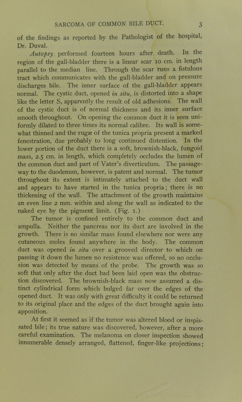 of the findings as reported by the Pathologist of the hospital, Dr. Duval. Autopsy performed fourteen hours after death. In the region of the gall-bladder there is a linear scar 10 cm. in length parallel to the median line. Through the scar runs a fistulous tract which communicates with the gall-bladder and on pressure discharges bile. The inner surface of the gall-bladder appears normal. The cystic duct, opened in situ, is distorted into a shape like the letter S, apparently the result of old adhesions. The wall of the cystic duct is of normal thickness and its inner surface smooth throughout. On opening the common duct it is seen uni- formly dilated to three times its normal calibre. Its wall is some- what thinned and the rugae of the tunica propria present a marked fenestration, due probably to long continued distention. In the lower portion of the duct there is a soft, brownish-black, fungoid mass, 2.5 cm. in length, which completely occludes the lumen of the common duct and part of Vater’s diverticulum. The passage- way to the duodenum, however, is patent and normal. The tumor throughout its extent is intimately attached to the duct wall and appears to have started in the tunica propria; there is no thickening of the wall. The attachment of the growth maintains an even line 2 mm. within and along the wall as indicated to the naked eye by the pigment limit. (Fig. 1.) The tumor is confined entirely to the common duct and ampulla. Neither the pancreas nor its duct are involved in the growth. There is no similar mass found elsewhere nor were any cutaneous moles found anywhere in the body. The common duct was opened in situ over a grooved director to which on passing it down the lumen no resistence was offered, so no occlu- sion was detected by means of the probe. The growth was so soft that only after the duct had been laid open was the obstruc- tion discovered. The brownish-black mass now assumed a dis- tinct cylindrical form which bulged far over the edges of the opened duct. It was only with great difficulty it could be returned to its original place and the edges of the duct brought again into apposition. At first it seemed as if the tumor was altered blood or inspis- sated bile; its true nature was discovered, however, after a more careful examination. The melanoma on closer inspection showed innumerable densely arranged, flattened, finger-like projections;