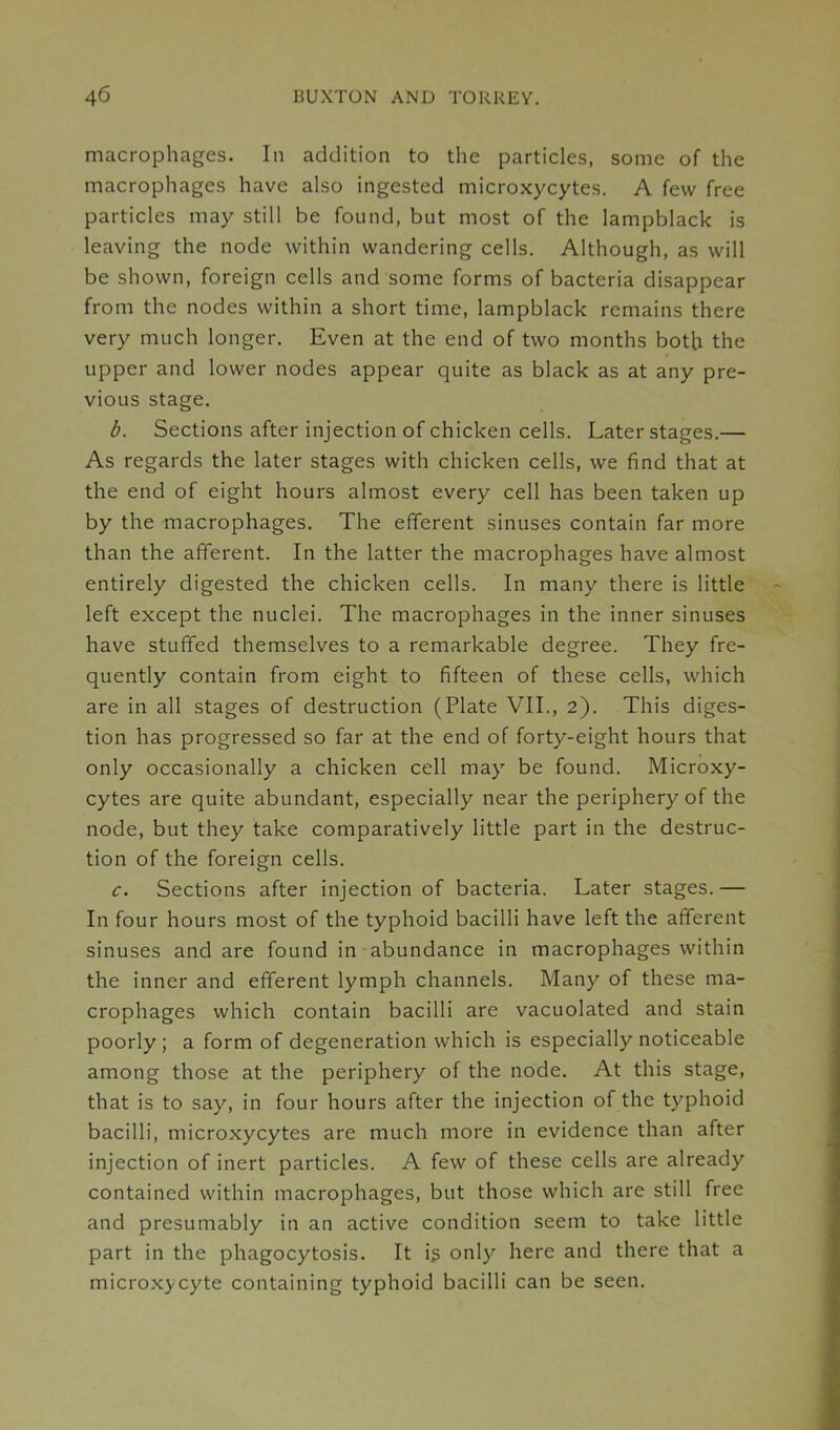 macrophages. In addition to the particles, some of the macrophages have also ingested microxycytes. A few free particles may still be found, but most of the lampblack is leaving the node within wandering cells. Although, as will be shown, foreign cells and some forms of bacteria disappear from the nodes within a short time, lampblack remains there very much longer. Even at the end of two months both the upper and lower nodes appear quite as black as at any pre- vious stage. b. Sections after injection of chicken cells. Later stages.— As regards the later stages with chicken cells, we find that at the end of eight hours almost every cell has been taken up by the macrophages. The efferent sinuses contain far more than the afferent. In the latter the macrophages have almost entirely digested the chicken cells. In many there is little left except the nuclei. The macrophages in the inner sinuses have stuffed themselves to a remarkable degree. They fre- quently contain from eight to fifteen of these cells, which are in all stages of destruction (Plate VII., 2). This diges- tion has progressed so far at the end of forty-eight hours that only occasionally a chicken cell may be found. Microxy- cytes are quite abundant, especially near the periphery of the node, but they take comparatively little part in the destruc- tion of the foreign cells. c. Sections after injection of bacteria. Later stages.— In four hours most of the typhoid bacilli have left the afferent sinuses and are found in abundance in macrophages within the inner and efferent lymph channels. Many of these ma- crophages which contain bacilli are vacuolated and stain poorly; a form of degeneration which is especially noticeable among those at the periphery of the node. At this stage, that is to say, in four hours after the injection of the typhoid bacilli, microxycytes are much more in evidence than after injection of inert particles. A few of these cells are already contained within macrophages, but those which are still free and presumably in an active condition seem to take little part in the phagocytosis. It is only here and there that a microxycyte containing typhoid bacilli can be seen.