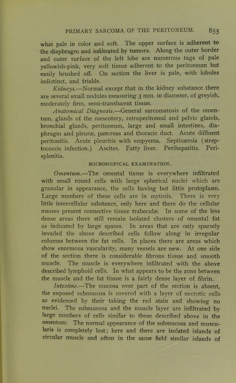 what pale in color and soft. The upper surface is adherent to the diaphragm and infiltrated by tumors. Along the outer border and outer surface of the left lobe are numerous tags of pale yellowish-pink, very soft tissue adherent to the peritoneum but easily brushed off. On section the liver is pale, with lobules indistinct, and friable. Kidneys.—Normal except that in the kidney substance there are several small nodules measuring 3 mm. in diameter, of greyish, moderately firm, semi-translucent tissue. Anatomical Diagnosis.—General sarcomatosis of the omen- tum, glands of the mesentery, retroperitoneal and pelvic glands, bronchial glands, peritoneum, large and small intestines, dia- phragm and pleurae, pancreas and thoracic duct. Acute diffluent peritonitis. Acute pleuritis with empyema. Septicaemia (strep- tococcic infection.) Ascites. Fatty liver. Perihepatitis. Peri- splenitis. MICROSCOPICAL EXAMINATION. Omentum.—The omental tissue is everywhere infiltrated with small round cells with large spherical nuclei which are granular in appearance, the cells having but little protoplasm. Large numbers of these cells are in mytosis. There is very little intercellular substance, only here and there do the cellular masses present connective tissue trabeculae. In some of the less dense areas there still remain isolated clusters ■ of omental fat as indicated by large spaces. In areas that are only sparsely invaded the above described cells follow along in irregular columns between the fat cells. In places there are areas which show enormous vascularity, many vessels are new. At one side of the section there is considerable fibrous tissue and smooth muscle. The muscle is everywhere infiltrated with the above described lymphoid cells. In what appears to be the zone between the muscle and the fat tissue is a fairly dense layer of fibrin. Intestine.—The mucosa over part of the section is absent, the exposed submucosa is covered with a layer of necrotic cells as evidenced by their taking the red stain and showing no nuclei. The submucosa and the muscle layer are infiltrated by large numbers of cells similar to those described above in the omentum. The normal appearance of the submucosa and muscu- laris is completely lost; here and there are isolated islands of circular muscle and often in the same field similar islands of