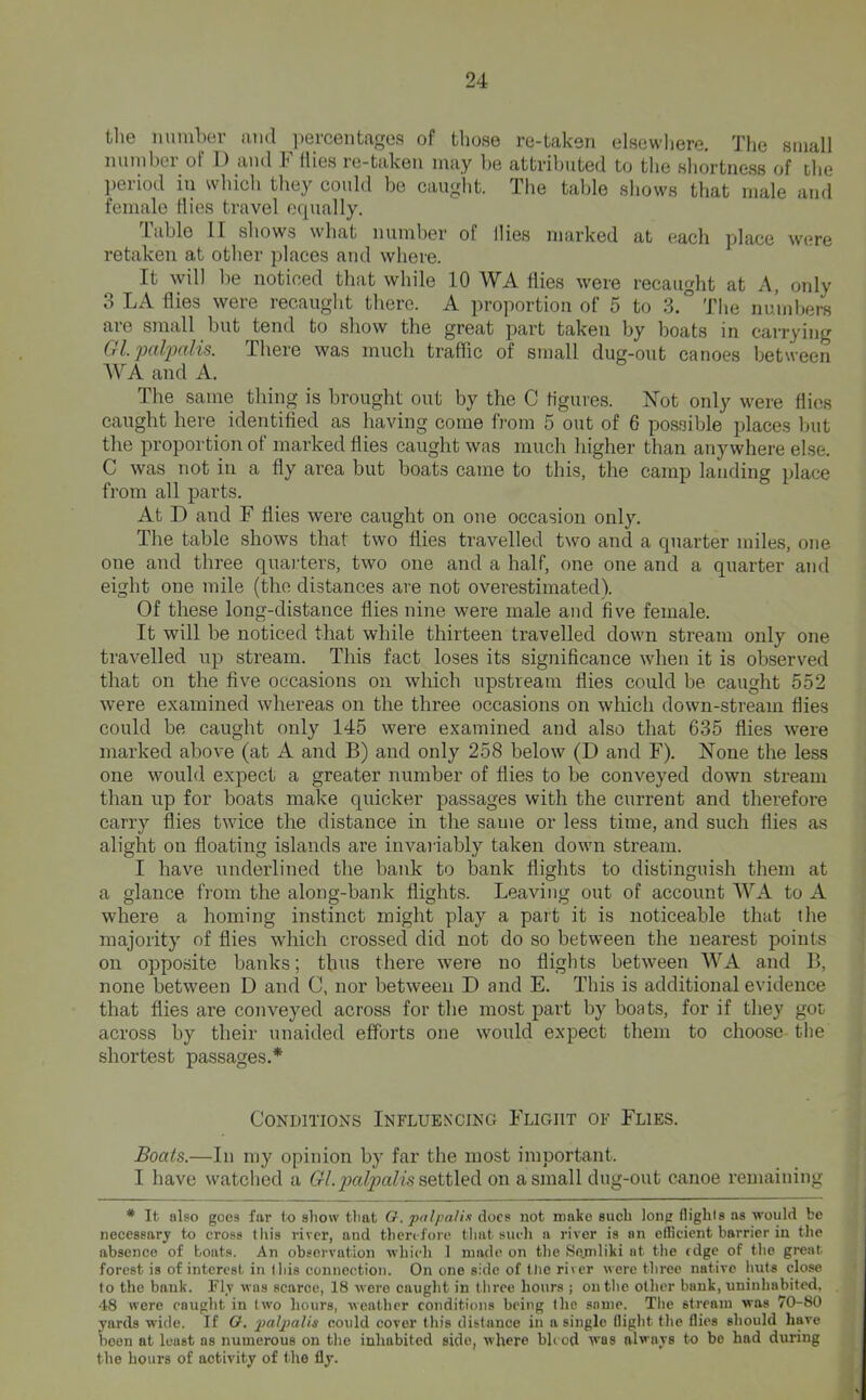 tlie number ami percentages of those re-taken elsewhere. The small niimhei ol 1) ami h flies re-taken may he attributed to the shortness of the ])eriod in which they could bo caught. The table shows that male and female flies travel ecpially. Table II shows what number of flies marked at each place were retaken at other places and where. It will be noticed that while 10 WA Hies were recaught at A, only 3 LA flies were recaiight there. A proportion of 5 to 3.° The nu’mbem are small but tend to show the great part taken by boats in carrying Gl.palpalis. There was much traffic of small dug-out canoes between ’WA and A. The same thing is brought out by the C figures. Not only were flies caught here identified as having come from 5 out of 6 possible places but the propoi'tion of marked flies caught was much higher than anywhere else. C was not in a fly area but boats came to this, the camp landing place from all parts. At D and F flies were caught on one occasion only. The table shows that two flies travelled two and a quarter miles, one one and three quai'ters, two one and a half, one one and a quarter and eight one mile (the distances are not overestimated). Of these long-distance flies nine were male and five female. It will be noticed that while thirteen travelled down stream only one travelled up stream. This fact loses its significance when it is observed that on the five occasions on which upstream flies could be caught 552 were examined whereas on the three occasions on which down-stream flies could be caught only 145 were examined and also that 635 flies were marked above (at A and B) and only 258 below (D and F). None the less one would expect a greater number of flies to be conveyed down stream than up for boats make quicker passages with the current and therefore carry flies twice the distance in the same or less time, and such flies as alight on floating islands are invariably taken down stream. I have underlined the bank to bank flights to distinguish them at a glance from the along-bank flights. Leaving out of account WA to A where a homing instinct might play a part it is noticeable that the majority of flies which crossed did not do so between the nearest points on opposite banks; thus there were no fliglits between WA and B, none between D and C, nor between D and E. This is additional evidence that flies ar’e conveyed across for the most part by boats, for if they got across by their unaided efforts one would expect them to choose the shortest passages.* Conditions Influencing Flight of Flies. Boats.—In my opinion by far the most important. I have watched a fr/.settled on a small dug-out canoe remaining * It also goes far sliow that O. polpa/i-i docs not make such long (lighls as would be necessarj to cross this river, and then-fore that such a river is an efficient barrier in the absence of boats. An observation vvliicli 1 made on the Semliki at the edge of the great forest is of interest in this connection. On one side of tlie river were three native huts close to the bank. Fl,v was scarce, 18 wore caught in three hours ; on the otlier bank, uninhabited, 48 were caught in two hours, weather conditions being the same. The stream was 70-80 yards wide. If O. could cover this distance in a single (light the (lies should have been at least as numerous on the inhabited side, where bleed was always to be had during the hours of activity of the fly.