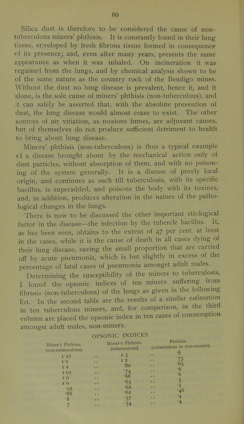 Silica dust is therefore to be considered the cause of non- tuberculous miners’ phthisis. It is constantly found in their lung tissue, enveloped by fresh fibrous tissue formed in consequence of its presence,; and, even after many years, presents the same appearance as when it was inhaled. On incineration it was regained from the lungs, and by chemical analysis shown to be of the same nature as the country rock of the Bendigo mines. Without the dust no lung disease is prevalent, hence it, and it alone, is the sole cause of miners’ phthisis (non-tuberculous), and it can safely be asserted that, with the absolute prevention of dust, the lung disease would almost cease to exist. The other sources of air vitiation, as noxious fumes, are adjuvant causes, but of themselves do not produce sufficient detriment to health to bring about lung disease. Miners’ phthisis (non-tuberculous) is thus a typical example cf a disease brought about by the mechanical action only of dust particles, without absorption of them, and with no poison- ing of the system generally. It is a disease of purely local origin, and continues as such till tuberculosis, with its specific bacillus, is superadded, and poisons the body with its toxines, and, in addition, produces alteration in the nature of the patho- logical changes in the lungs. There is now to be discussed the other important etiological factor in the disease—the infection by the tubercle bacillus. It, as has been seen, obtains to the extent of 47 P^r cent, at least in the cases, while it is the cause of death in all cases dying of their lung disease, saving the small proportion that are carried off by acute pneumonia, which is but slightly in excess of the percentage of fatal cases of pneumonia amongst adult males. Determining the susceptibility of the miners to tuberculosis, I found the opsonic indices of ten miners suffering from fibrosis (non-tuberculous) of the lungs as given in the following list. In the second table are the results of a similar estimation in ten tuberculous miners, and, for comparison, in the t iir column are placed the opsonic index in ten cases of consumption amongst adult males, non-miners. OPSONIC INDICES. Miner's Phthisis, (non-tubercnlous). I16 II II I 01 ro 10 •92 •88 ■8 7 Miner's Phthisis, (tnbercnlous). 1-3 1-2 •80 63 62 62 57 54 Phthisis. (tuberculous in non-miners). •8 75 •65 •6 •6 •5 ■5 •46 •4 •4