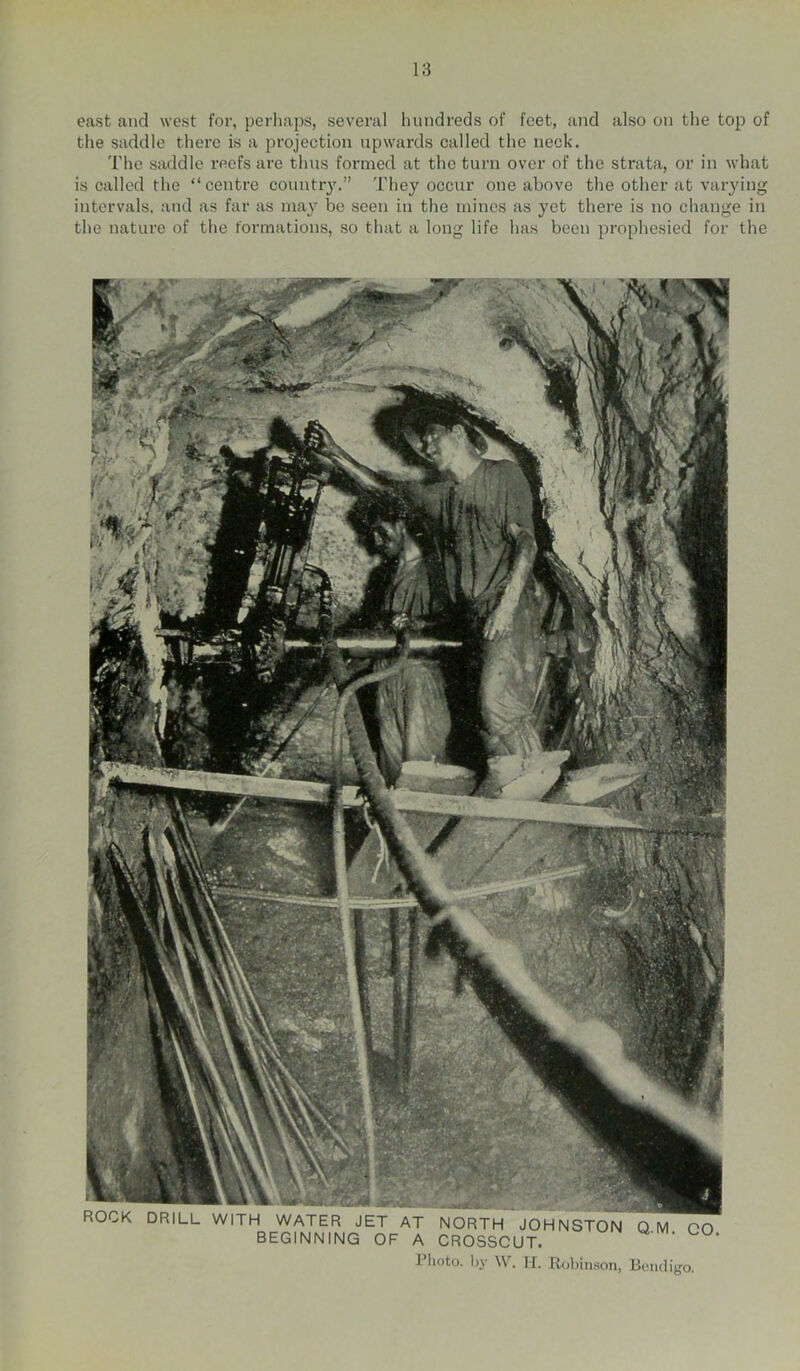 east and west for, perliaps, several Iiimdreds of feet, and also on the top of the saddle there is a projection upwards called the neck. 'I'he saddle reefs are thus formed at the turn over of the strata, or in what is called the “centre country.” 'I'hey occur one above the other at varying intervals, and as far as may be seen in the mines as yet there is no change in the nature of the formations, so tliat a long life has been prophesied for the l.w.rx umuu wim WAItK JtT AT NORTH JOHNSTON Q.M O BEGINNING OF A CROSSCUT. I’liotu. by \V. H. Rubinson, B(Muligo.