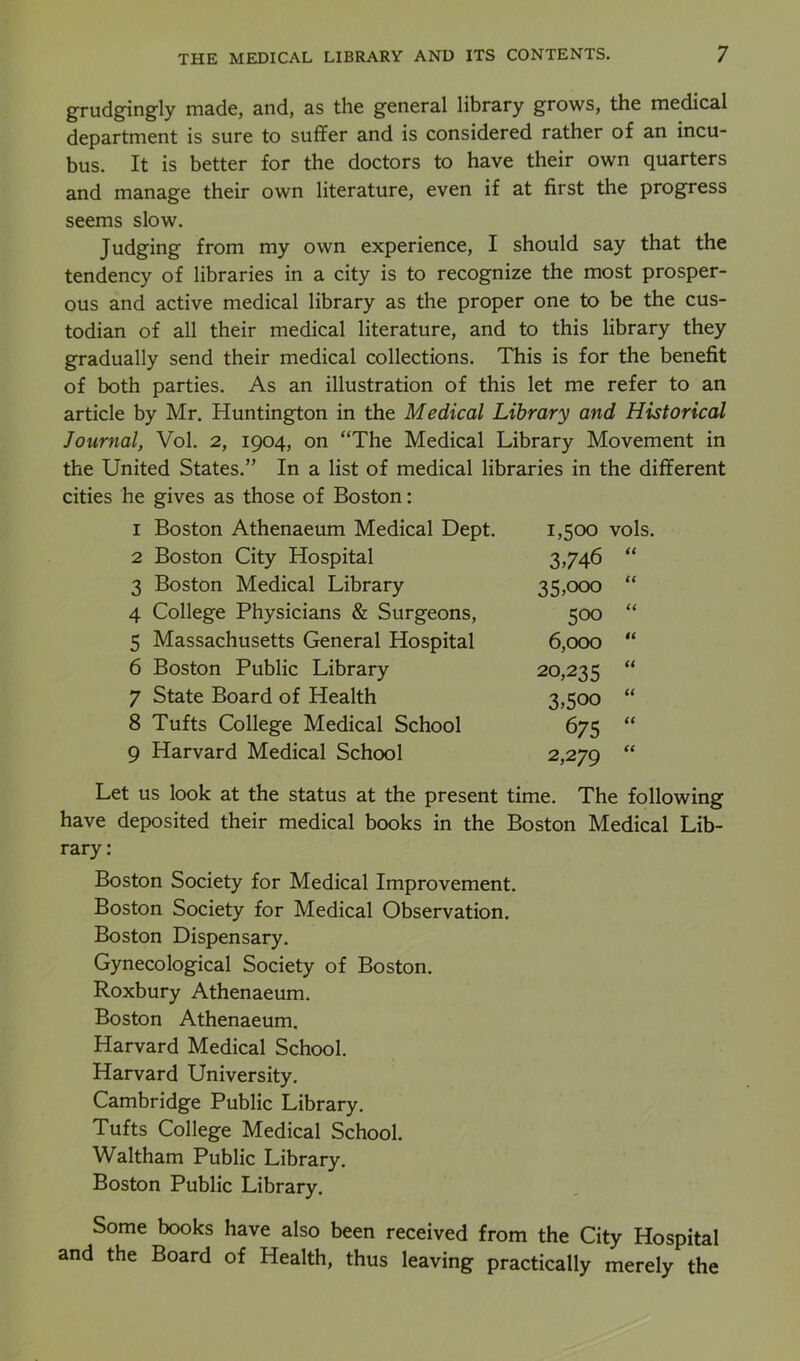 grudgingly made, and, as the general library grows, the medical department is sure to suffer and is considered rather of an incu- bus. It is better for the doctors to have their own quarters and manage their own literature, even if at first the progress seems slow. Judging from my own experience, I should say that the tendency of libraries in a city is to recognize the most prosper- ous and active medical library as the proper one to be the cus- todian of all their medical literature, and to this library they gradually send their medical collections. This is for the benefit of both parties. As an illustration of this let me refer to an article by Mr. Huntington in the Medical Library and Historical Journal, Vol. 2, 1904, on “The Medical Library Movement in the United States.” In a list of medical libraries in the different cities he gives as those of Boston: 1 Boston Athenaeum Medical Dept. 1,500 2 Boston City Hospital 3,746 3 Boston Medical Library 35,000 4 College Physicians & Surgeons, 500 5 Massachusetts General Hospital 6,000 6 Boston Public Library 20,235 7 State Board of Health 3,500 8 Tufts College Medical School 675 9 Harvard Medical School 2,279 vols. (C u 4£ a u n a Let us look at the status at the present time. The following have deposited their medical books in the Boston Medical Lib- rary: Boston Society for Medical Improvement. Boston Society for Medical Observation. Boston Dispensary. Gynecological Society of Boston. Roxbury Athenaeum. Boston Athenaeum. Harvard Medical School. Harvard University. Cambridge Public Library. Tufts College Medical School. Waltham Public Library. Boston Public Library. Some books have also been received from the City Hospital and the Board of Health, thus leaving practically merely the