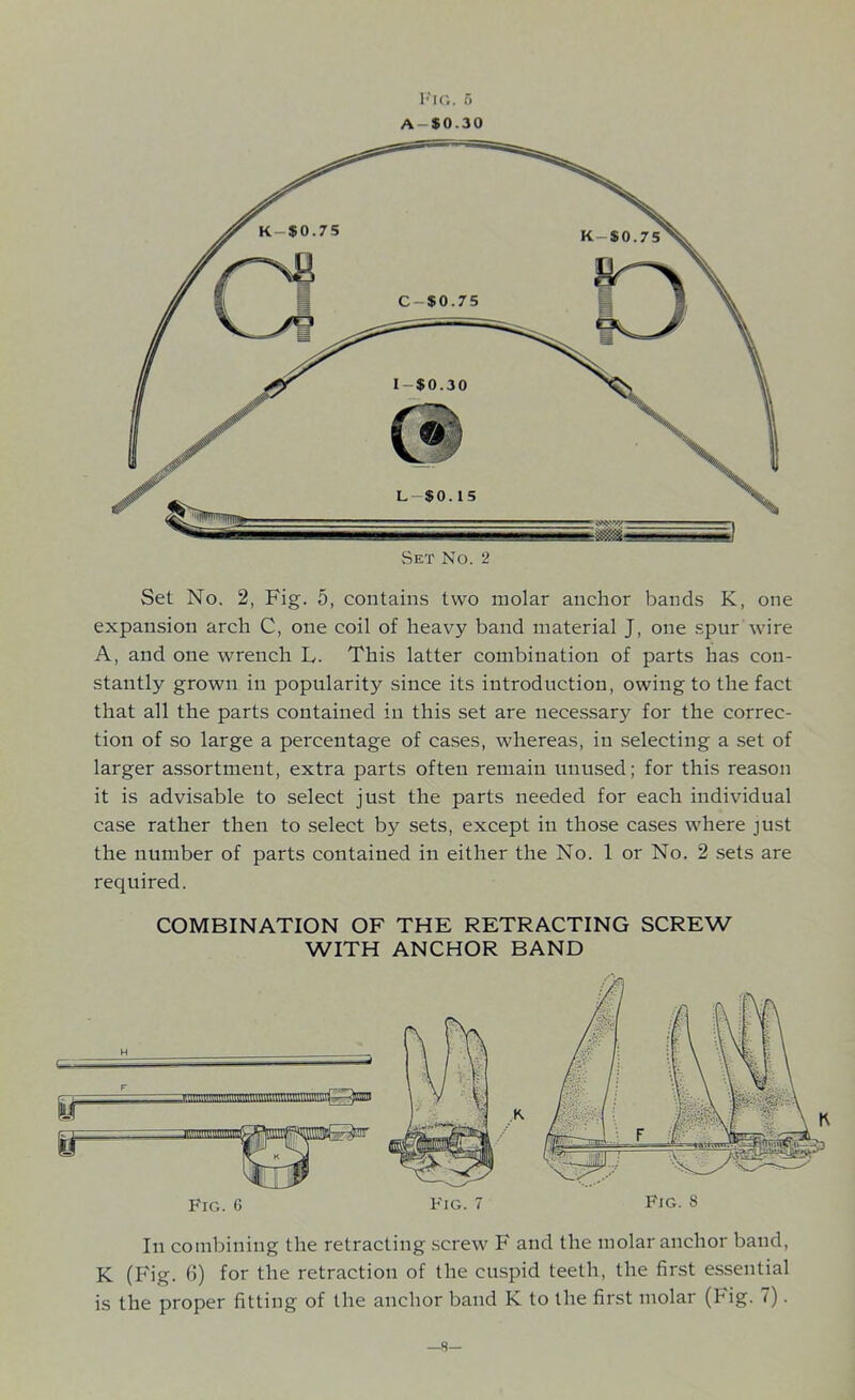 A —$0.30 Set No. 2, Fig. 5, contains two molar anchor bands K, one expansion arch C, one coil of heavy band material J, one spur wire A, and one wrench L. This latter combination of parts has con- stantly grown in popularity since its introduction, owing to the fact that all the parts contained in this set are necessary for the correc- tion of so large a percentage of cases, whereas, in selecting a set of larger assortment, extra parts often remain unused; for this reason it is advisable to select just the parts needed for each individual case rather then to select by sets, except in those cases where just the number of parts contained in either the No. 1 or No. 2 sets are required. COMBINATION OF THE RETRACTING SCREW WITH ANCHOR BAND In combining the retracting screw F and the molar anchor band, K (Fig. 6) for the retraction of the cuspid teeth, the first essential is the proper fitting of the anchor band K to the first molar (Fig. 7). —8—