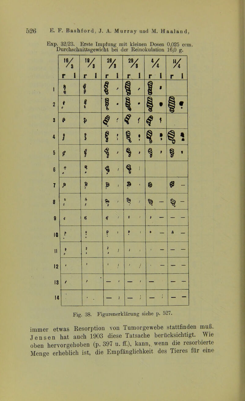 Exp. 32/23. Erste Impfung mit kleinen Dosen 0,025 ccm. Durchschnittsgewicht bei der Reinokulation 16,0 g. 16/ / 3 V, 2> 3 V, V i % r 1 r 1 r i r I r 1 r 1 1 9 9 1 f ' / I ' 2 0 1 i i e, • 1 • 9 ^ • 3 9 P f * f 4 I l I r 1 ! <S t| ^ • 5 t I 1 ' * ' 1 - I • 6 s c «t p * » t 1 1 7 ? 9 t P > S ' l © 9 - 8 6 $ / & ' 9 p ' — % - 9 « 6 € 1 / # — — — 10 * 9 o 8 0 S> i 8 1 8 — S — 11 * p 5 i 1 I 1 1 • — — — 12 9 1 1 > ) 1 — — — IS / / — l _ | — — — 14 * • — i — — <’ — — Fig. 38. Figurenerklärung siehe p. 527. immer etwas Resorption von Tumorgewebe stattfinden muß. Jensen hat auch 1903 diese Tatsache berücksichtigt. Wie oben hervorgehoben (p. 397 u. ff.), kann,, wenn die resorbierte Menge erheblich ist, die Empfänglichkeit des Tieres für eine