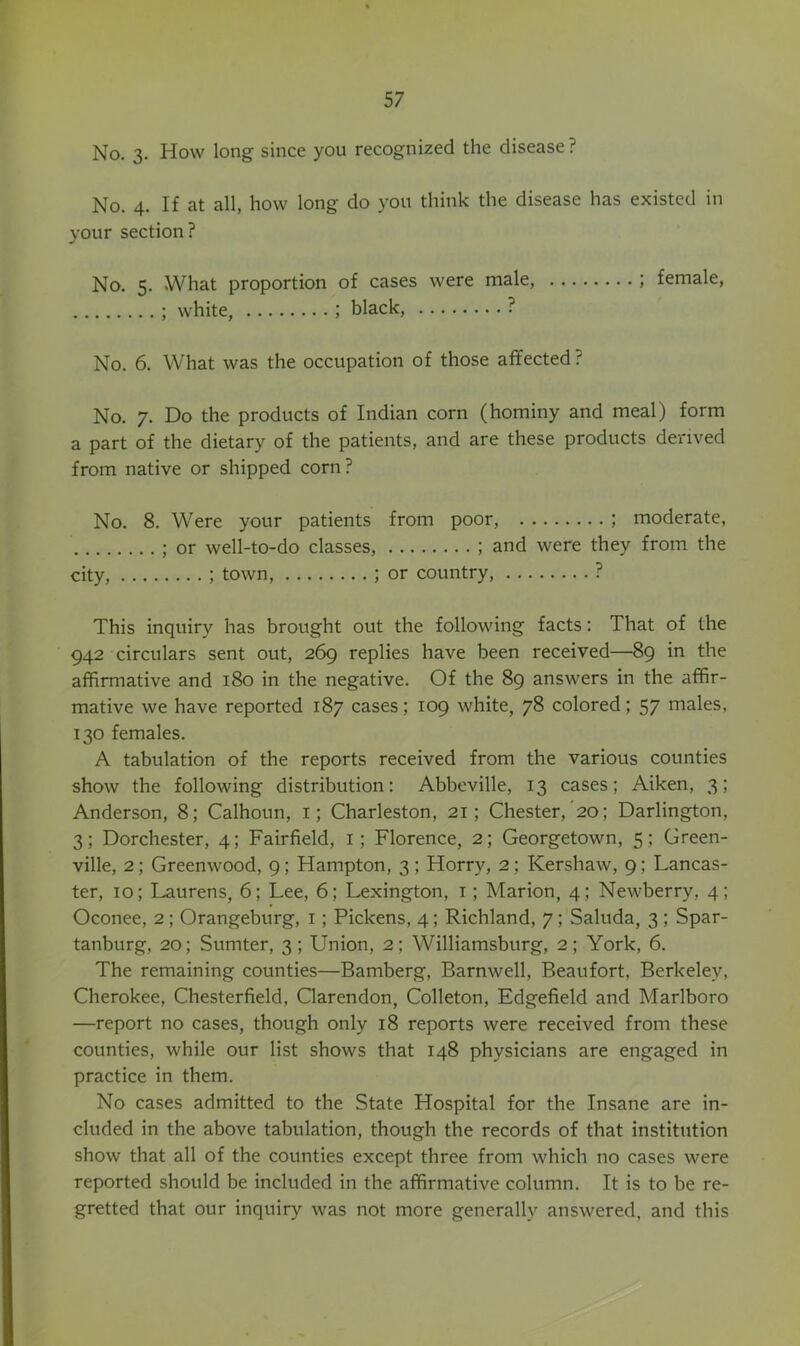 No. 3. How long since you recognized the disease ? No. 4. If at all, how long do you think the disease has existed in your section? No. 5. What proportion of cases were male, ; female, ; white, ; black, ? No. 6. What was the occupation of those affected? No. 7. Do the products of Indian corn (hominy and meal) form a part of the dietary of the patients, and are these products derived from native or shipped corn? No. 8. Were your patients from poor, ; moderate, ; or well-to-do classes, ; and were they from the city, ; town, ; or country, ? This inquiry has brought out the following facts: That of the 942 circulars sent out, 269 replies have been received—89 in the affirmative and 180 in the negative. Of the 89 answers in the affir- mative we have reported 187 cases; 109 white, 78 colored; 57 niales, 130 females. A tabulation of the reports received from the various counties show the following distribution: Abbeville, 13 cases; Aiken, 3; Anderson, 8; Calhoun, i; Charleston, 21; Chester, 20; Darlington, 3; Dorchester, 4; Fairfield, i; Florence, 2; Georgetown, 5; Green- ville, 2; Greenwood, 9; Hampton, 3 ; Horry, 2; Kershaw, 9; Lancas- ter, 10; Laurens, 6; Lee, 6; Lexington, i; Marion, 4; Newberry, 4; Oconee, 2; Orangeburg, i; Pickens, 4; Richland, 7; Saluda, 3; Spar- tanburg, 20; Sumter, 3 ; Union, 2; Williamsburg, 2; York, 6. The remaining counties—Bamberg, Barnwell, Beaufort, Berkeley, Cherokee, Chesterfield, Clarendon, Colleton, Edgefield and Marlboro —report no cases, though only 18 reports were received from these counties, while our list shows that 148 physicians are engaged in practice in them. No cases admitted to the State Hospital for the Insane are in- cluded in the above tabulation, though the records of that institution show that all of the counties except three from which no cases were reported should be included in the affirmative column. It is to be re- gretted that our inquiry was not more generally answered, and this