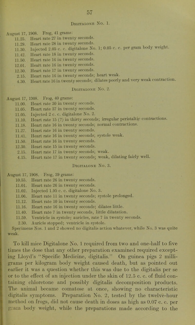 Digitalone No. 1. August 17, 1908. Frog, 41 grams: 11.25. Heart rate 27 in twenty seconds. 11 29 Heart rate 28 in twenty seconds. 11.30. Injected 2.05 c. c. digitalone No. 1; 0.05 c. c. per gram body weight. 11.42. Heart rate 18 in twenty seconds. 11.50. Heart rate Hi in twenty seconds. 12.01. Heart rate 10 in twenty seconds. 12.30. Heart rate 17 in twenty seconds. 2.15. Heart rate 10 in twenty seconds; heart weak. 4.30. Heart rate 10 in twenty seconds; dilates poorly and very weak contraction. Digitalone No. 2. August 17, 11.00. 11.05. 11.05. 11.10. 11.18. 11.27. 11.41. 11.50. 12.30. 2.15. 4.15. 1908. Frog, 40 grams: Heart rate 30 in twenty seconds. Heart rate 37 in twenty seconds. Injected 2 c. c. digitalone No. 2. Heart rate 15 (?) in thirty seconds; irregular peristaltic contractions. Heart rate 10 in twenty seconds; normal contractions. Heart rate 10 in twenty seconds. Heart rate 10 in twenty seconds; systole weak. Heart rate 10 in twenty seconds. Heart rate 15 in twenty seconds. Heart rate 17 in twenty seconds; weak. Heart rate 17 in twenty seconds; weak, dilating fairly well. Digitalone No. 3. August 17, 1908. Frog, 39 grams: 10.55. Heart rate 20 in twenty seconds. 11.01. Heart rate 20 in twenty seconds. 11.02. Injected 1.95 c. c. digitalone No. 3. 11.00. Heart rate 11 in twenty seconds; systole prolonged. 11.12. Heart rate 10 in twenty seconds. 11.10. Heart rate 10 in twenty seconds; dilates little. 11.40. Heart rate 7 in twenty seconds, little dilatation. 11.59. Ventricle in systole; auricles, rate 7 in twenty seconds. 2.30. Auricle stopped; ventricle in systole. Specimens Nos. 1 and 2 showed no digitalis action whatever, while No. 3 was quite weak. To kill mice Digitalone No. 1 required from two and one-half to five times the dose that any other preparation examined required except- ing Lloyd’s “Specific Medicine, digitalis.” On guinea pigs 2 milli- grams per kilogram body weight caused death, but as pointed out earlier it was a question whether this was due to the digitalis per se or to the effect of an injection under the skin of 12.5 c. c. of fluid con- taining chloretonc and possibly digitalis decomposition products. The animal became comatose at once, showing no characteristic digitalis symptoms. Preparation No. 2, tested by the twelve-hour method on frogs, did not cause death in doses as high as 0.07 c. c. per gram body weight, while the preparations made according to the