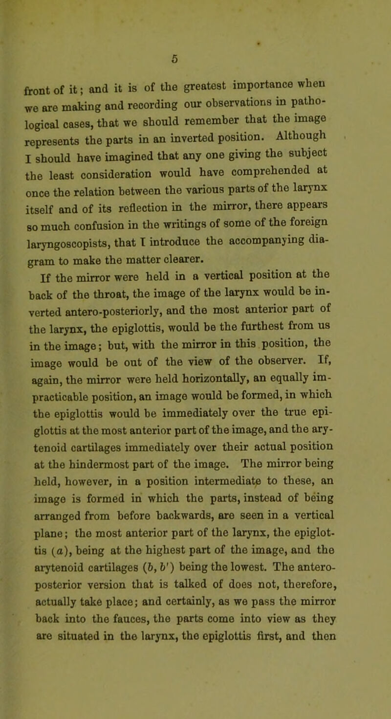 front of it; and it is of the greatest importance when we are making and recording our observations in patho- logical cases, that we should remember that the image represents the parts in an inverted position. Although I should have imagined that any one giving the subject the least consideration would have comprehended at once the relation between the various parts of the larynx itself and of its reflection in the mirror, there appears so much confusion in the writings of some of the foreign laryngoscopists, that T introduce the accompanying dia- gram to make the matter clearer. If the mirror were held in a vertical position at the back of the throat, the image of the larynx would be in- verted antero-posteriorly, and the most anterior part of the larynx, the epiglottis, would be the furthest from us in the image; but, with the mirror in this position, the image would be out of the view of the observer. If, again, the mirror were held horizontally, an equally im- practicable position, an image would be formed, in which the epiglottis would be immediately over the true epi- glottis at the most anterior part of the image, and the ary- tenoid cartilages immediately over their actual position at the hindermost part of the image. The mirror being held, however, in a position intermediate to these, an image is formed in which the parts, instead of being arranged from before backwards, are seen in a vertical plane; the most anterior part of the larynx, the epiglot- tis (a), being at the highest part of the image, and the arytenoid cartilages (6, b') being the lowest. The antero- posterior version that is talked of does not, therefore, actually take place; and certainly, as we pass the mirror back into the fauces, the parts come into view as they are situated in the larynx, the epiglottis first, and then